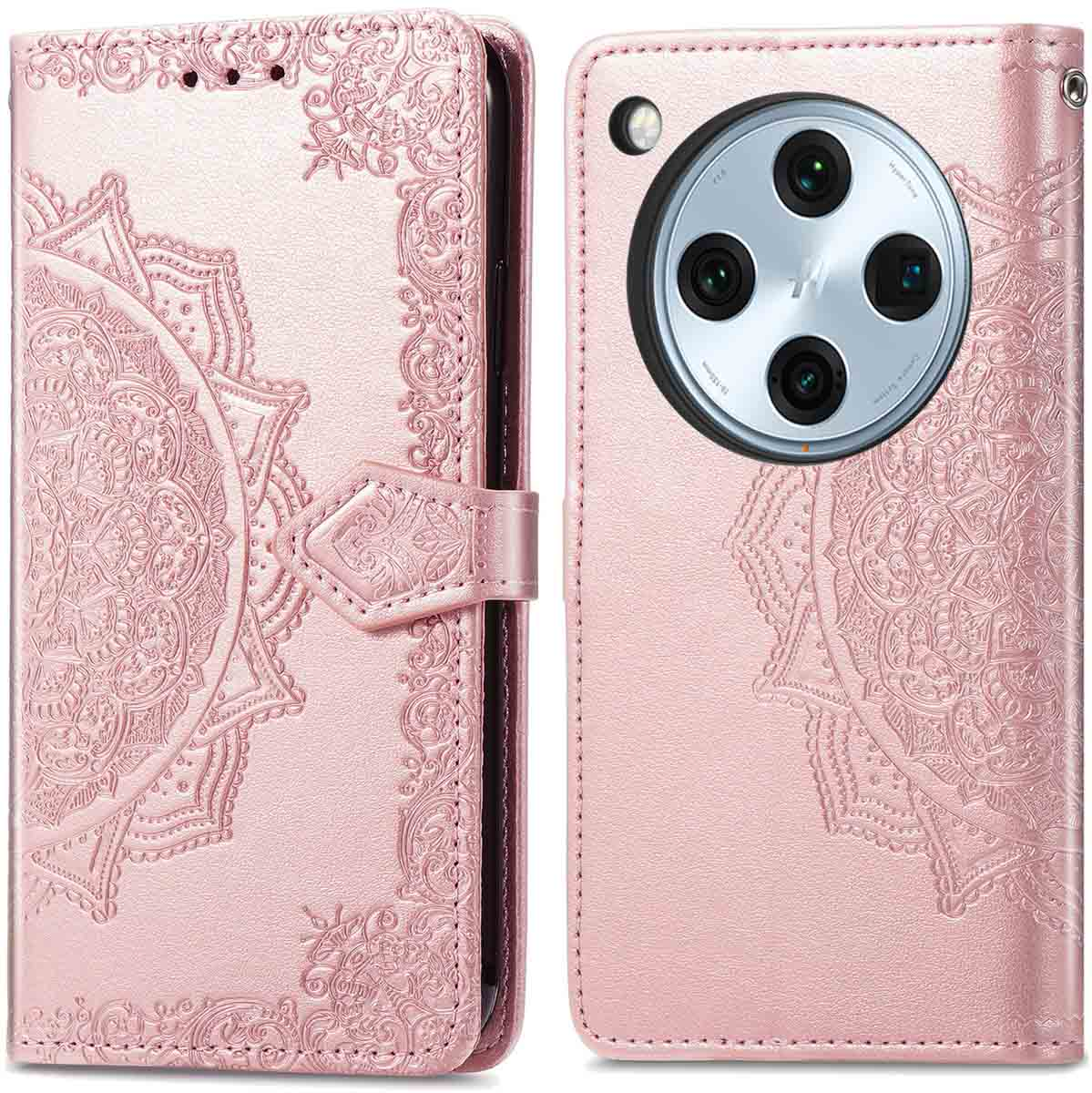 Roze telefoonhoesje, met mandala-ontwerp, gesloten en open. Telefoon met meerdere camera's zichtbaar.