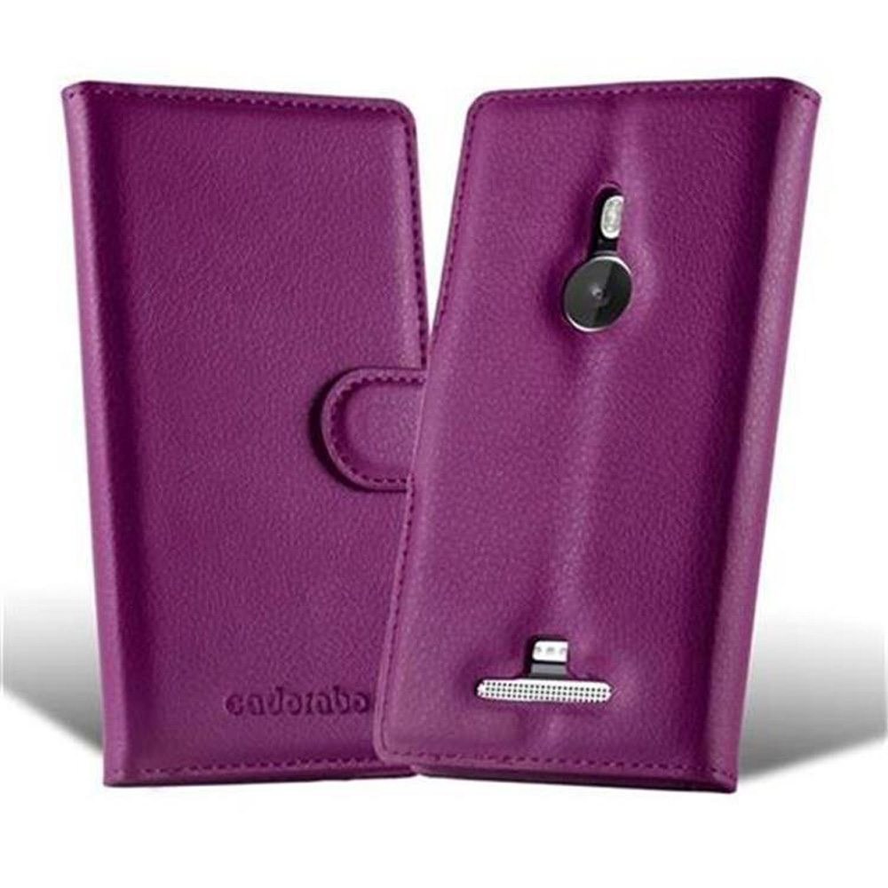 Custodia per telefono viola, chiusa e aperta, con apertura per fotocamera e il marchio "cadoraba".