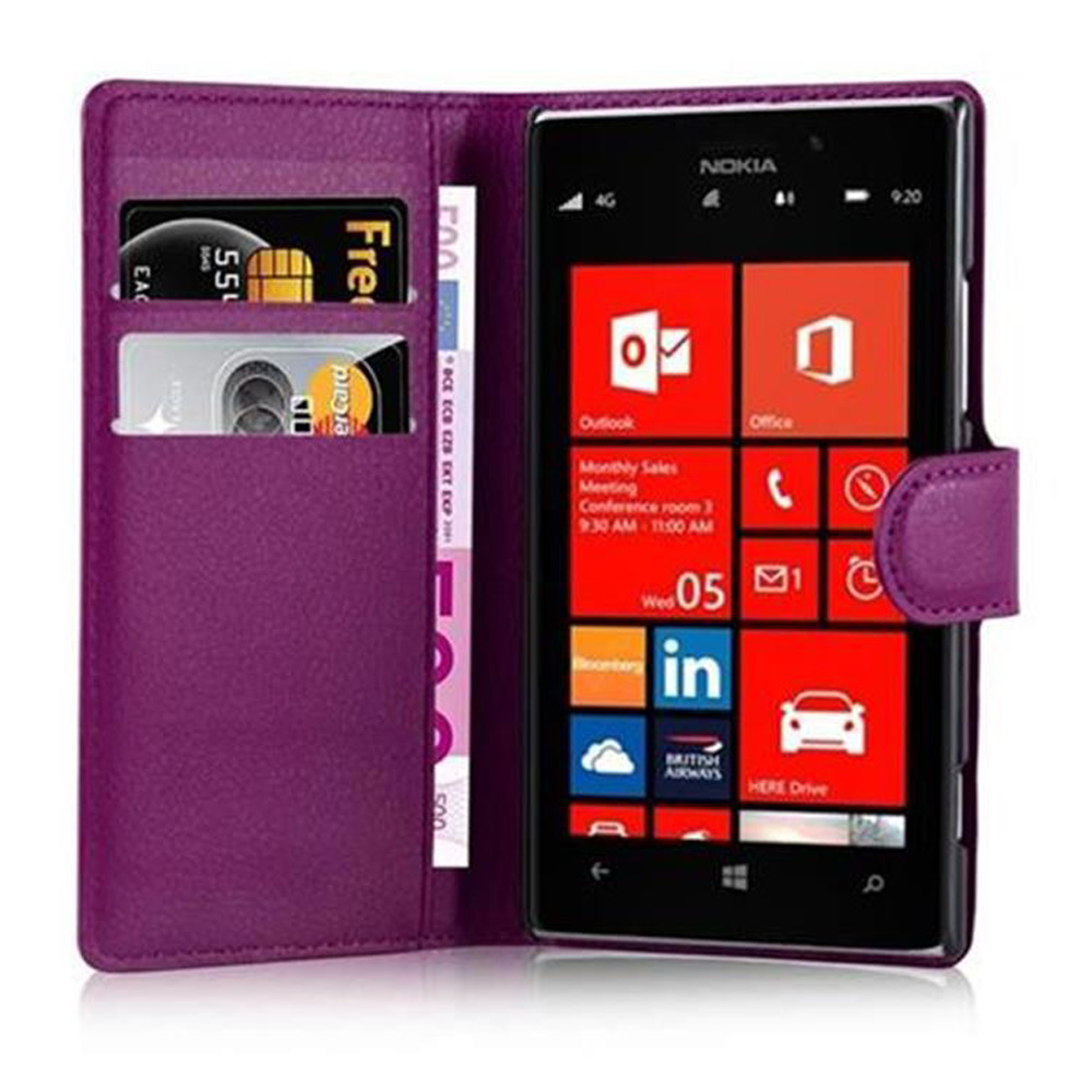 Custodia per telefono viola con un telefono Nokia, carte di credito e contanti visibili all'interno.