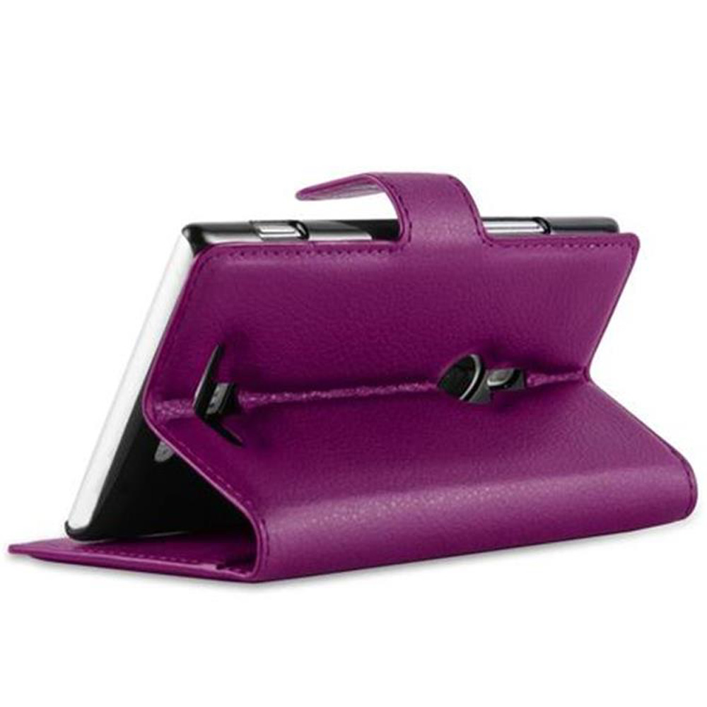 Custodia per tablet viola, aperta per mostrare un tablet. La custodia ha una maniglia e una chiusura magnetica.