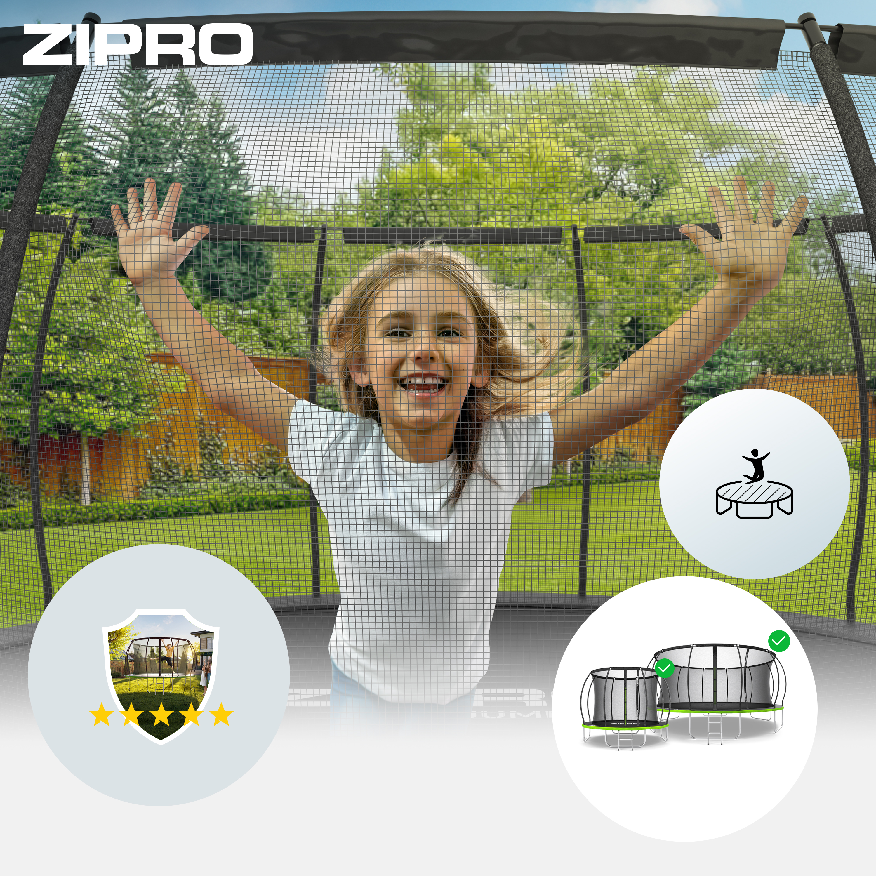 Ein Mädchen springt auf einem Trampolin. Ein Trampolin-Icon und ein Qualitätsabzeichen.