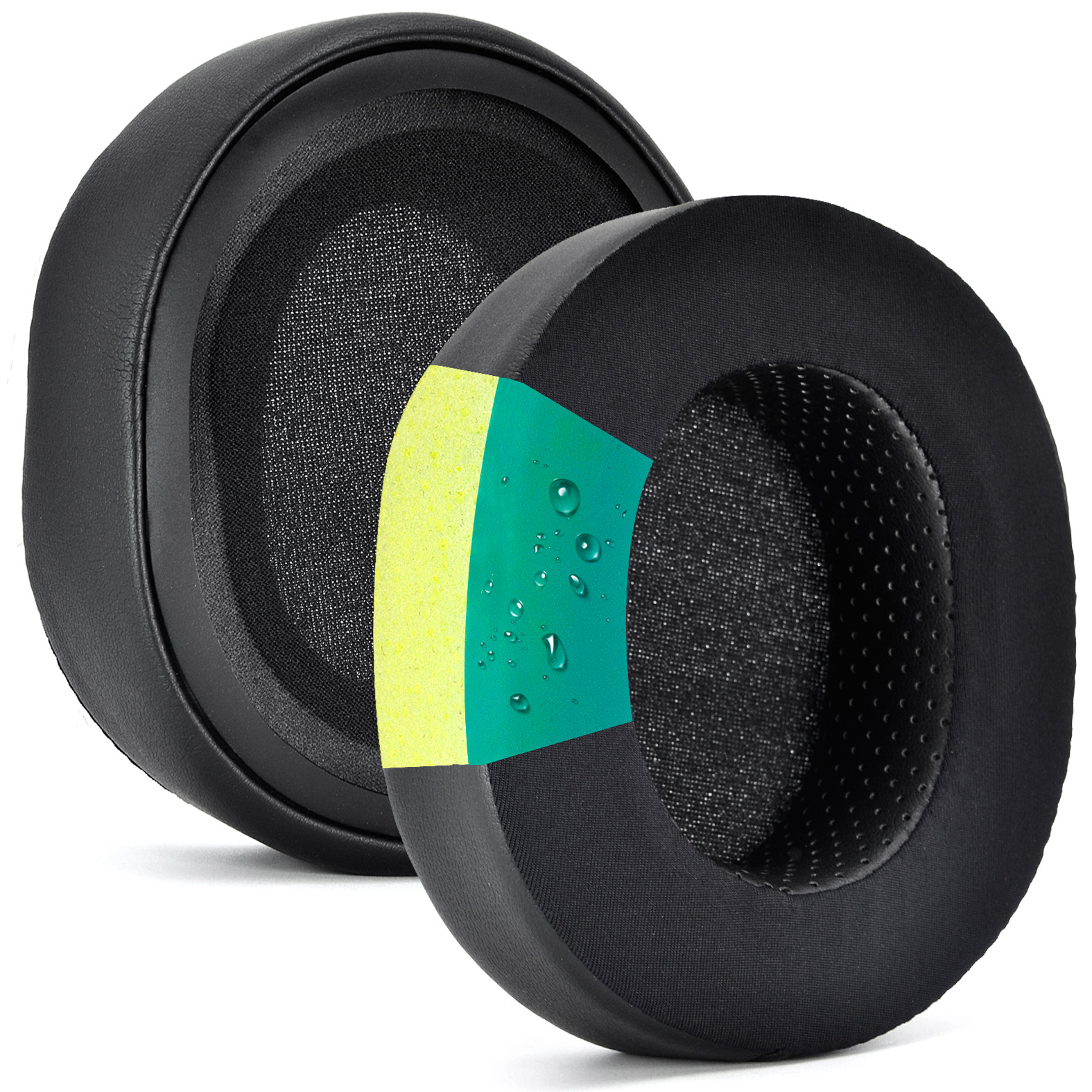 Dwie czarne poduszki na słuchawki z widocznym żółto-zielonym segmentem.