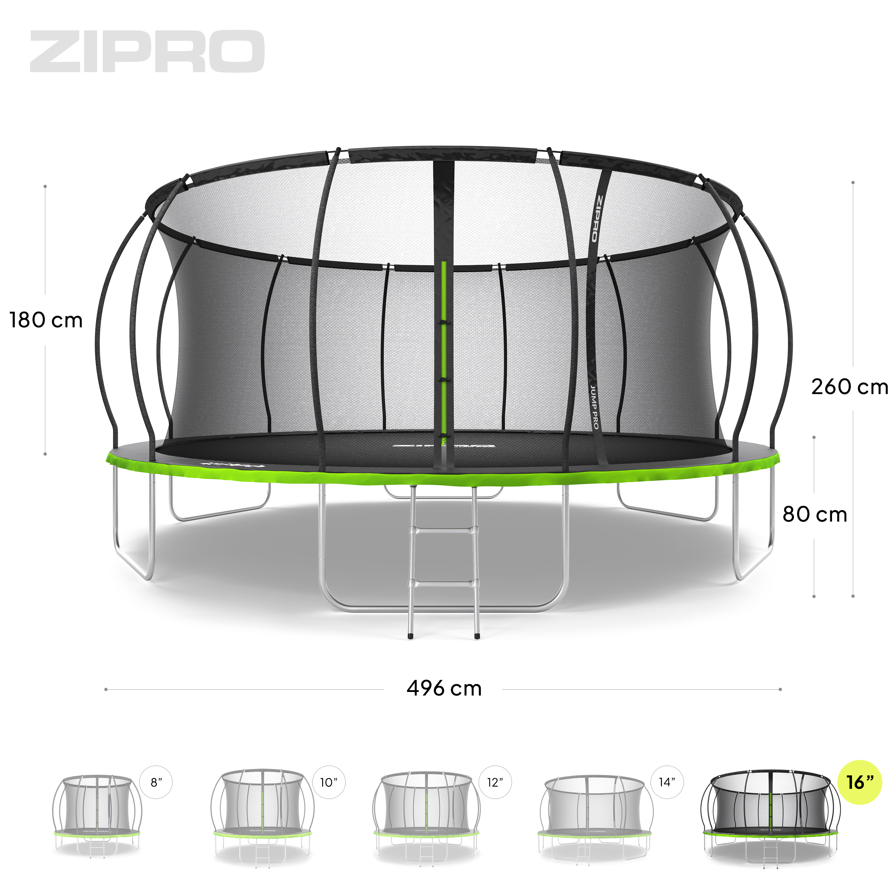 Grote trampoline met groen en zwart net. Zilveren frame. Afmetingen worden weergegeven.