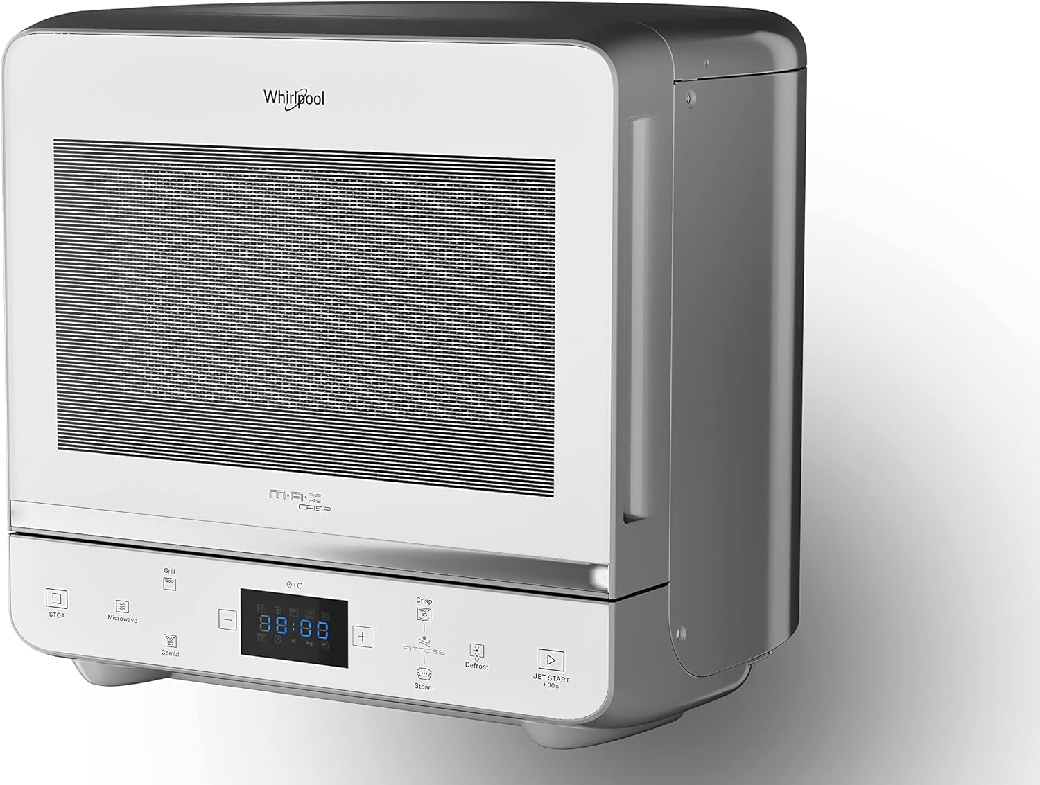 Biało-szara kuchenka mikrofalowa. Wyświetlacz i panel sterowania na dole. Drzwi zamknięte.