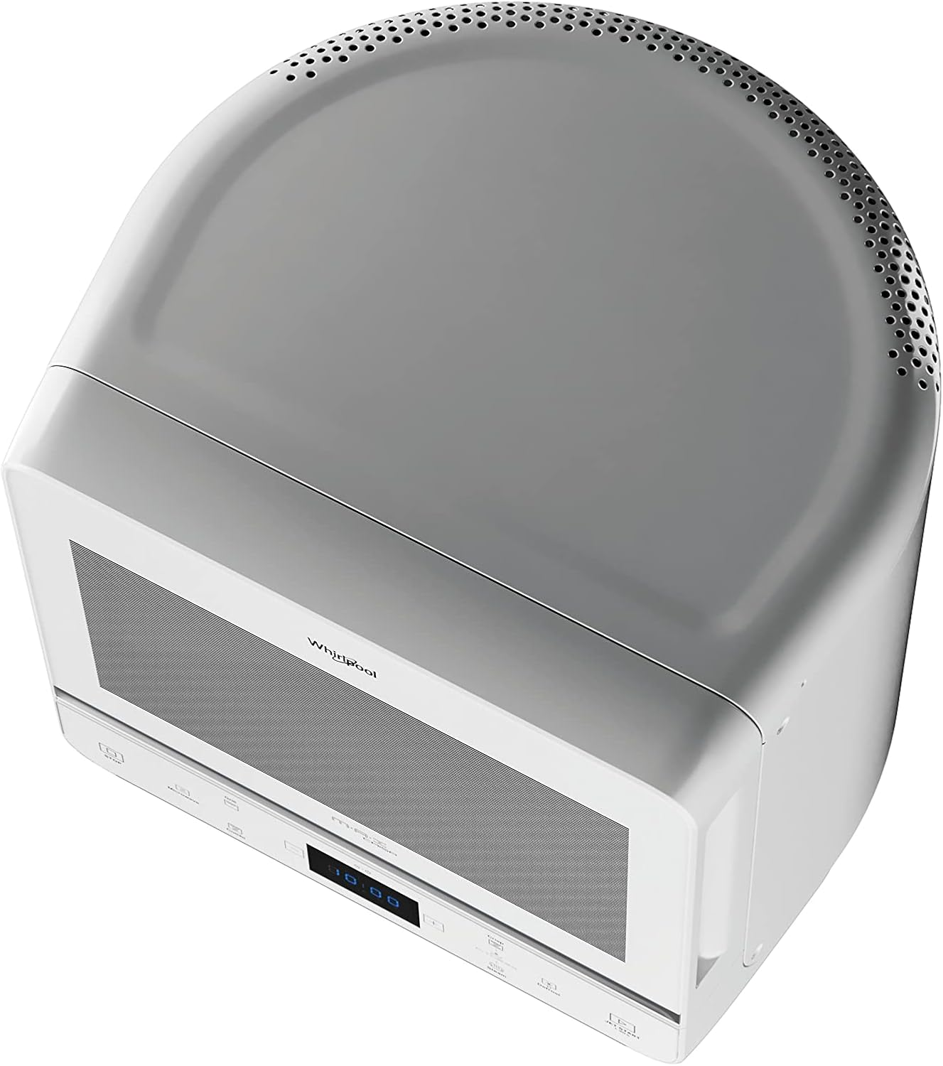 Widok z góry na białą kuchenkę mikrofalową. Ma zakrzywiony wierzch i cyfrowy wyświetlacz zegara.