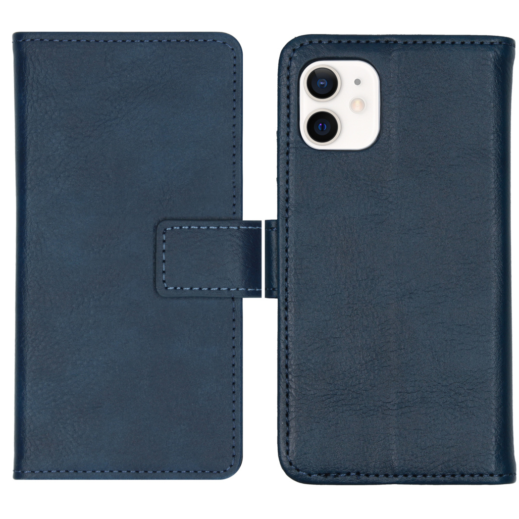 Étui de téléphone en cuir bleu, ouvert et fermé, avec fermeture magnétique.