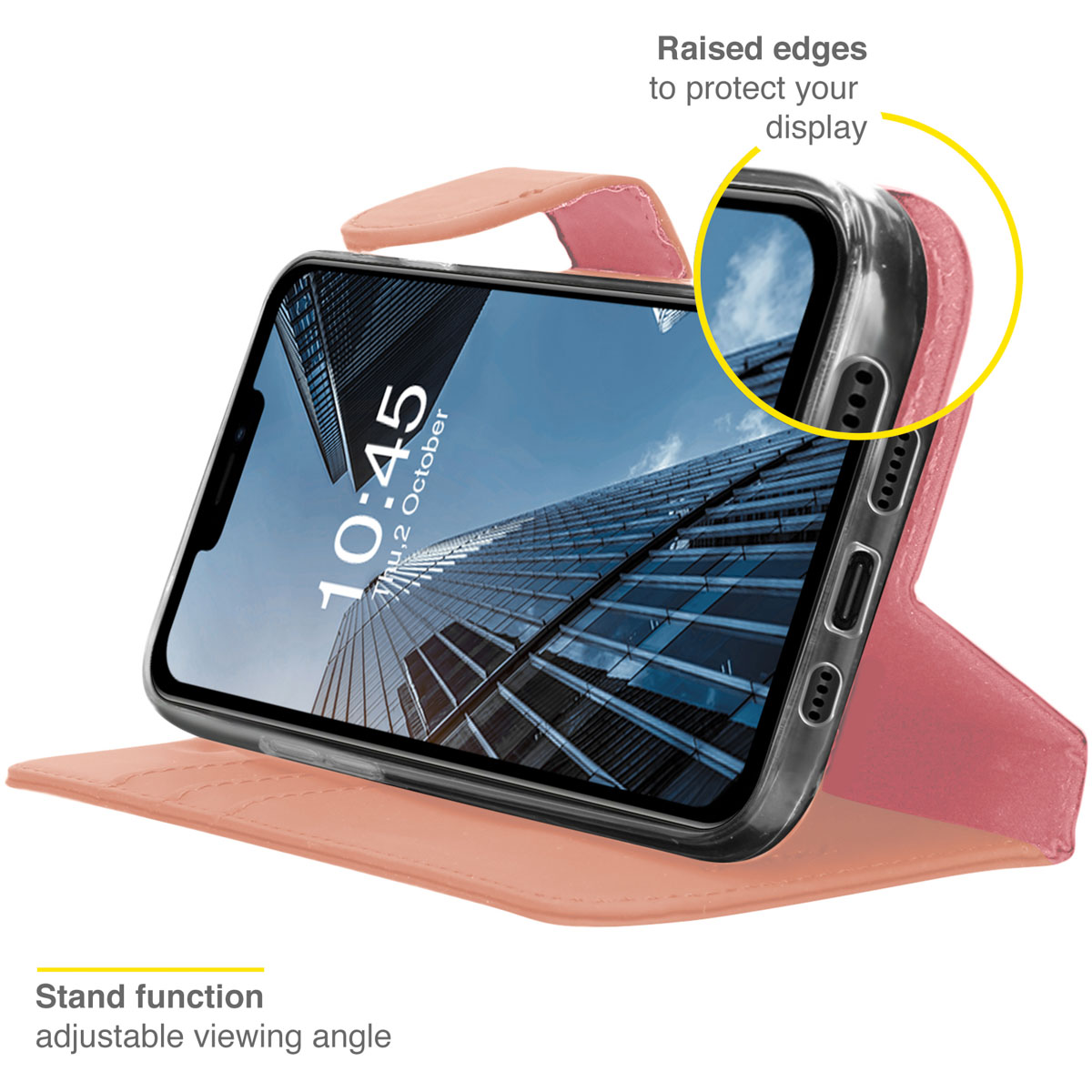 Un téléphone dans un étui rose, affichant une ville, et un support.