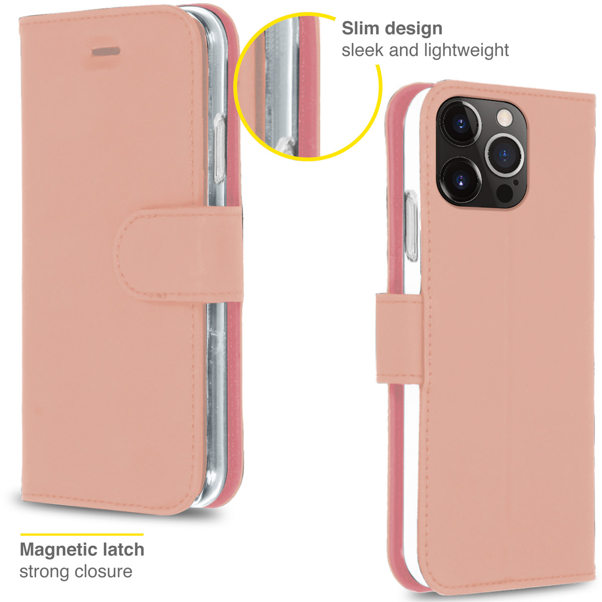 Une coque de téléphone rose, ouverte et fermée. L'étui fermé a un fermoir. Design fin.