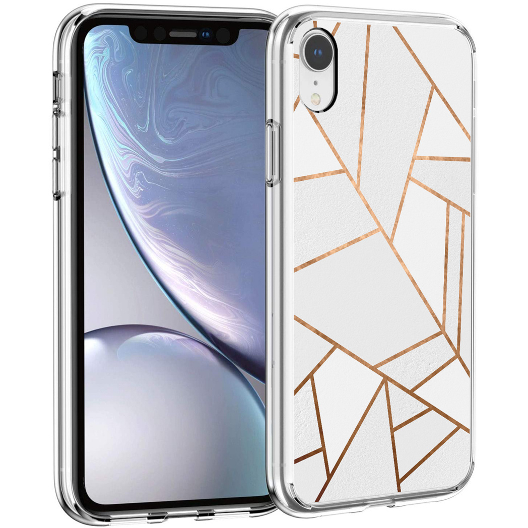 Coque de téléphone transparente. Elle a un design blanc avec des lignes dorées formant des formes géométriques.