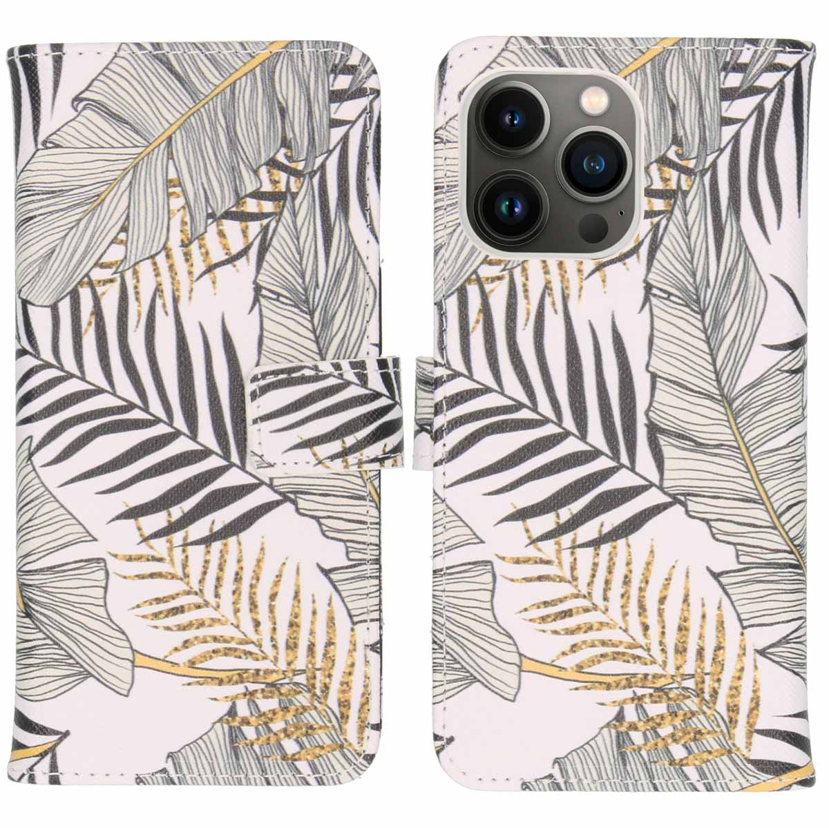 Coque blanche avec motif feuilles et accents dorés. Téléphone à droite.