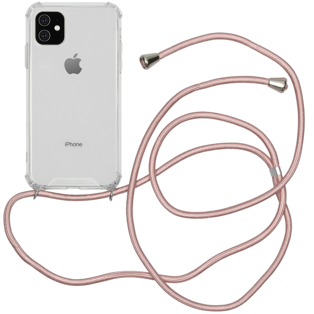 Een iPhone in een doorzichtige hoes met een roze koordketting.