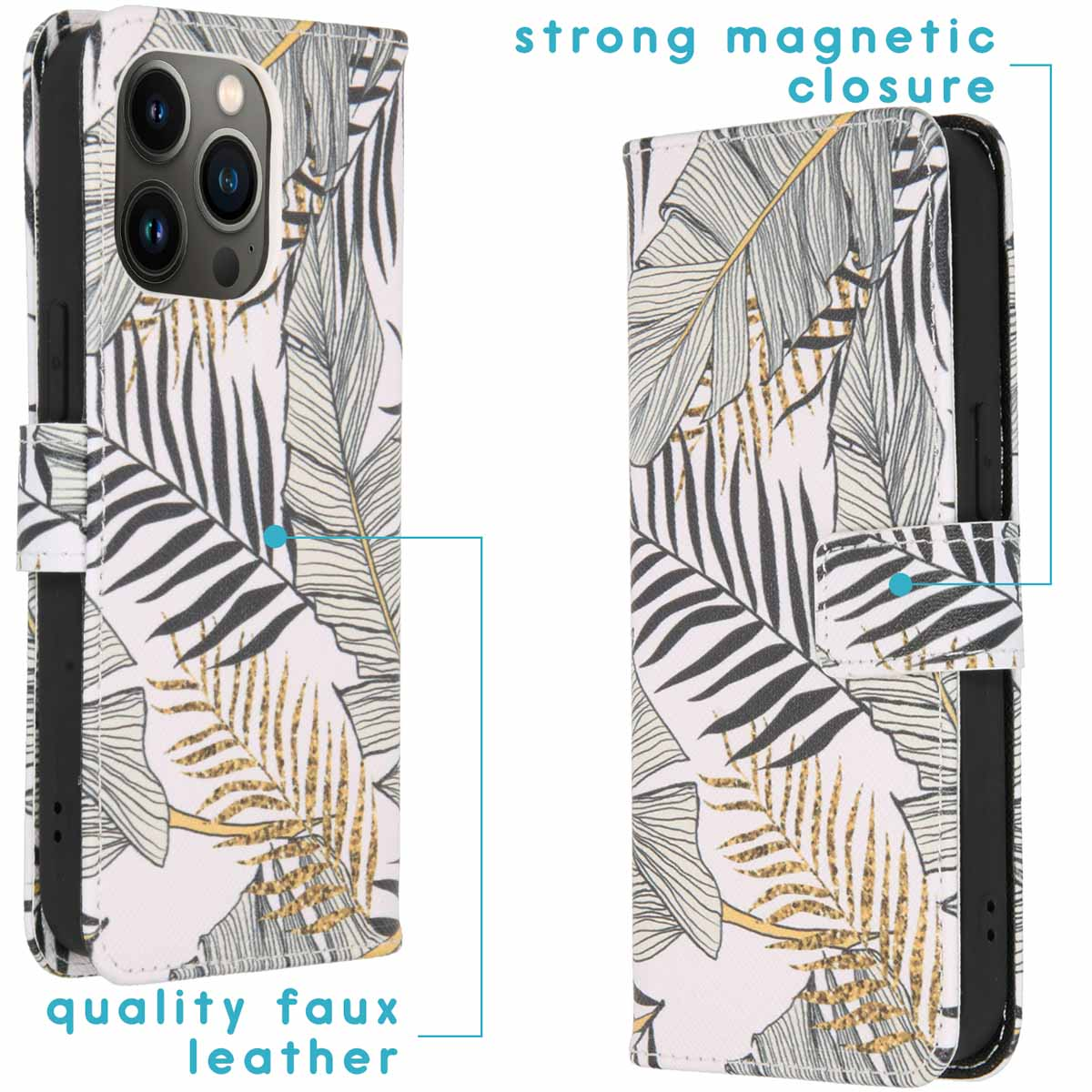 Un étui de téléphone avec un motif de feuilles et une fermeture magnétique, avec texte indiquant 'simili cuir'.
