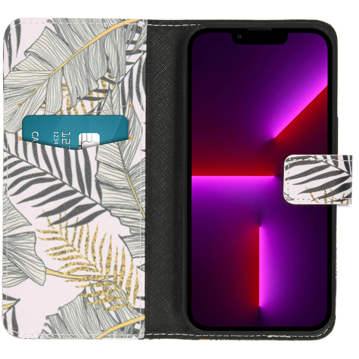Téléphone dans un étui avec un motif floral sur le devant. Une carte de crédit est visible dans une fente.