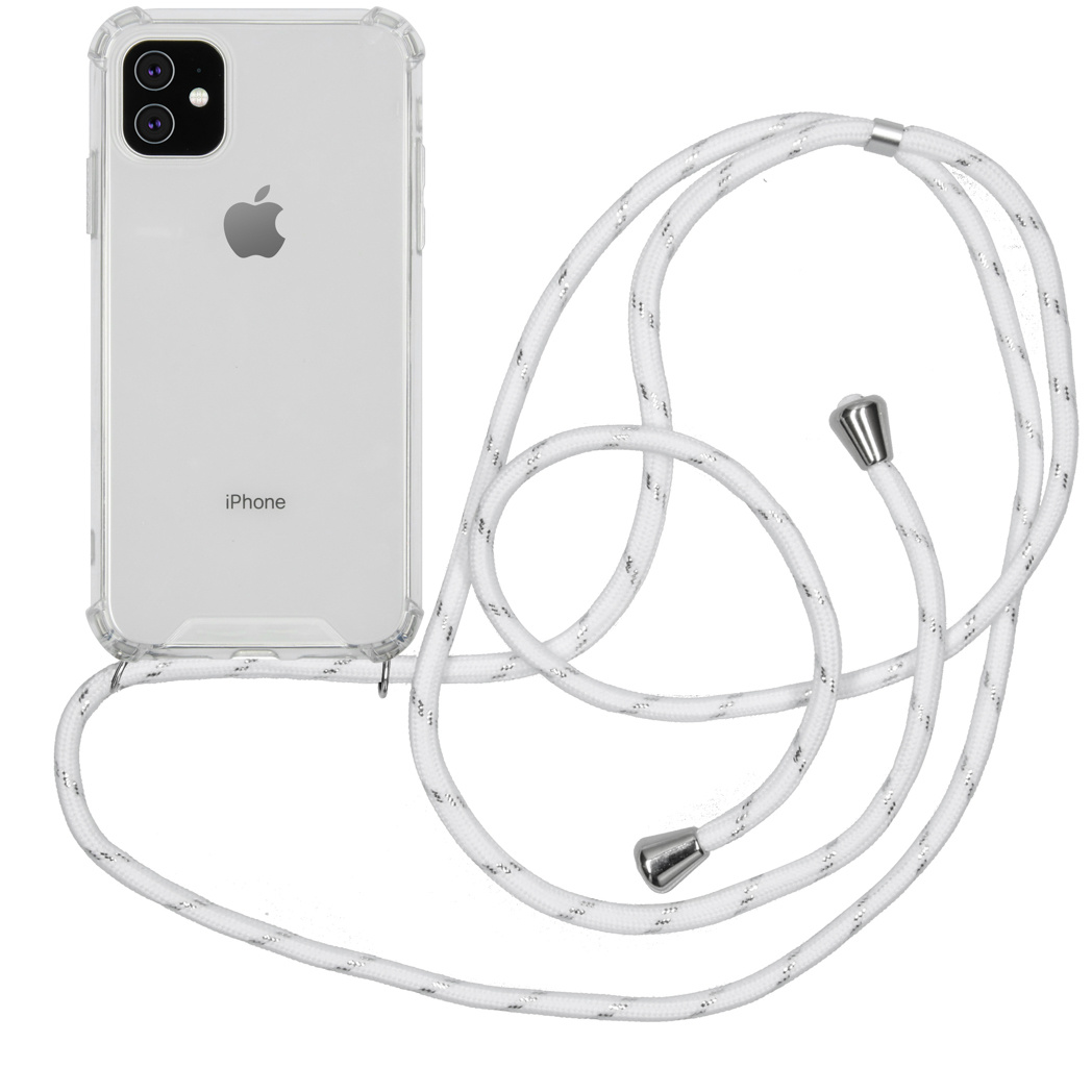 Transparante iPhone-hoes met een wit koord in touwstijl. De hoes toont de iPhone.