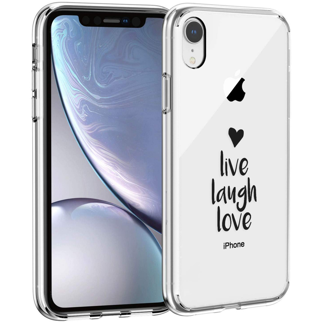 Een doorzichtige telefoonhoes met 'live laugh love' op een telefoon. De achtergrond toont het scherm van de telefoon.