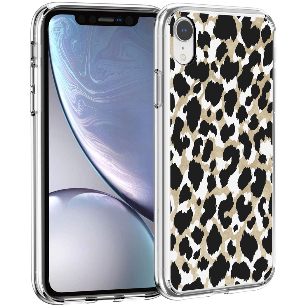 Une coque de téléphone transparente avec un motif léopard sur fond blanc.