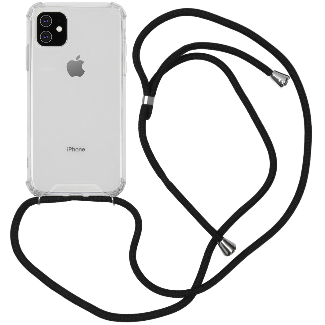 Transparante iPhone met een zwarte lanyard bevestigd. De lanyard heeft een eenvoudig ontwerp.