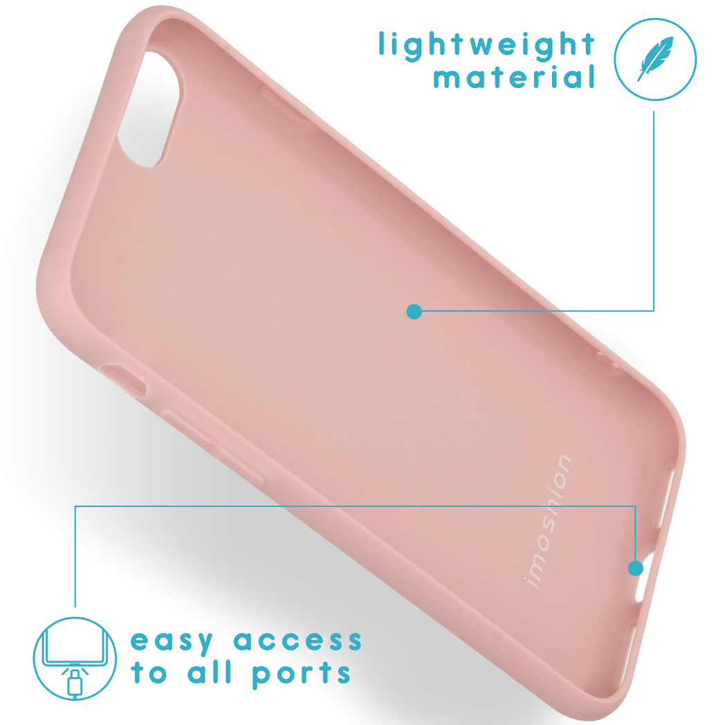 Pink phone case. White background with text.