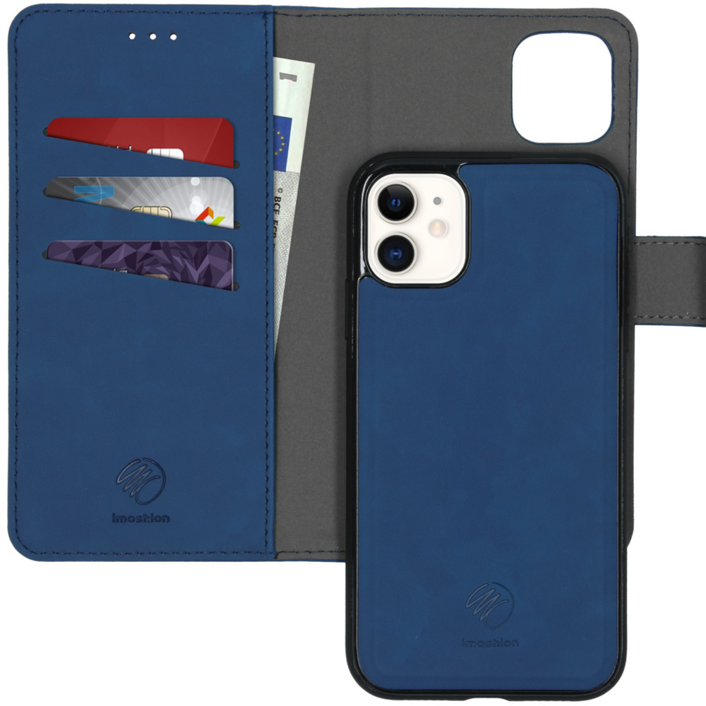 Een blauwe telefoonhoes met een portemonnee-ontwerp, met kaarten en geld erin.
