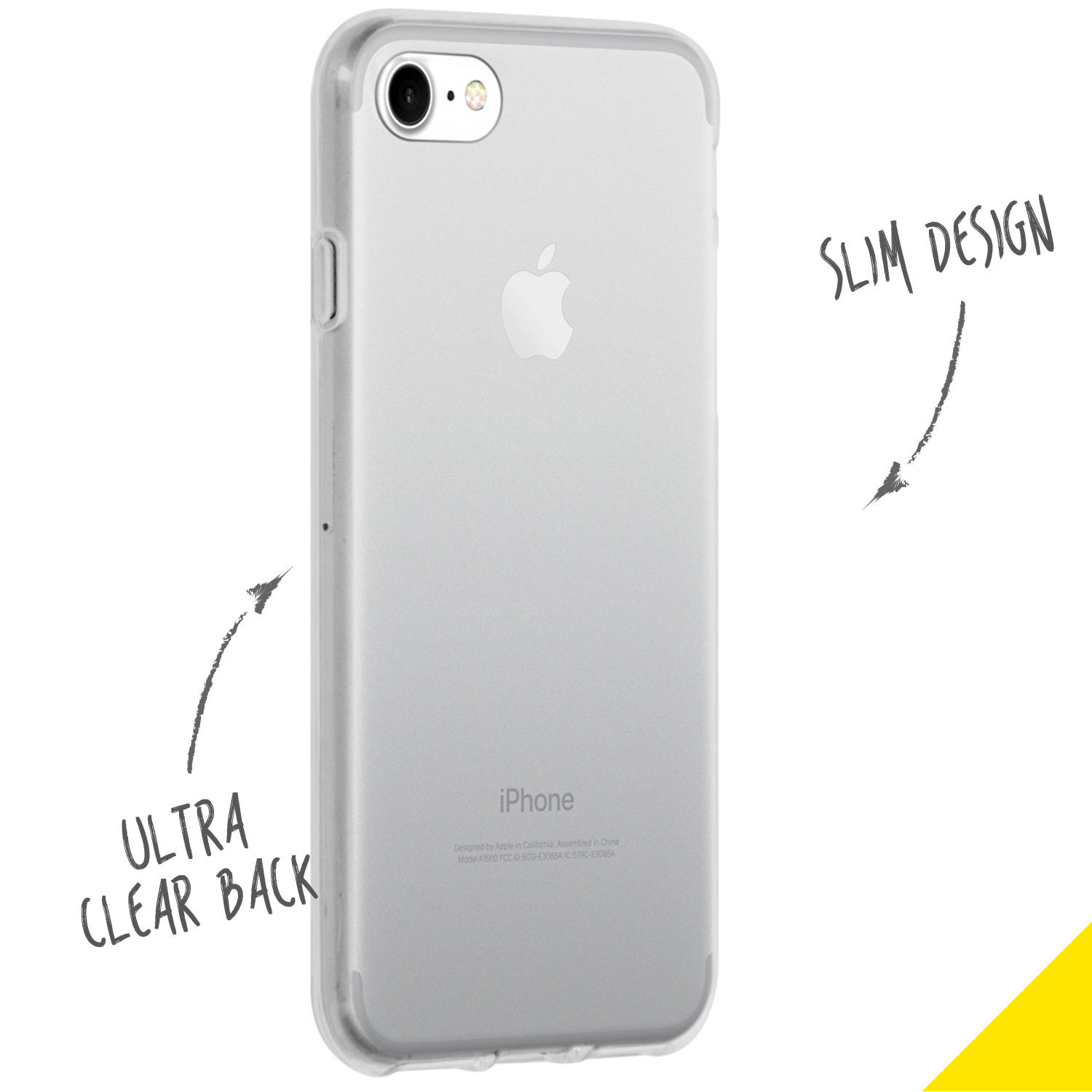 Een doorzichtige telefoonhoes op een telefoon, met het Apple-logo zichtbaar en tekst die een slank ontwerp aangeeft.