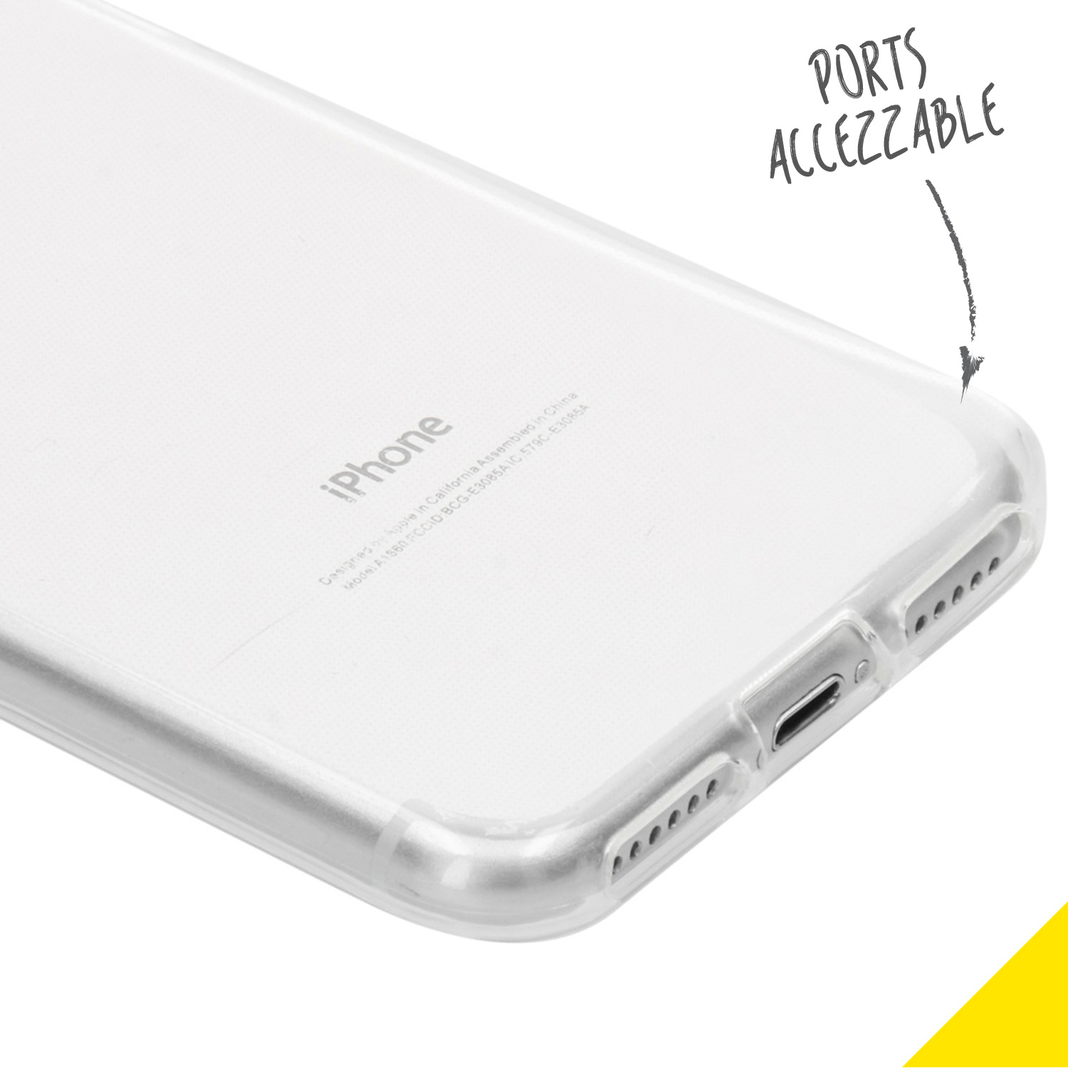 Close-up van een doorzichtige telefoonhoes met het woord "iPhone" en poorten met het label "toegankelijk".