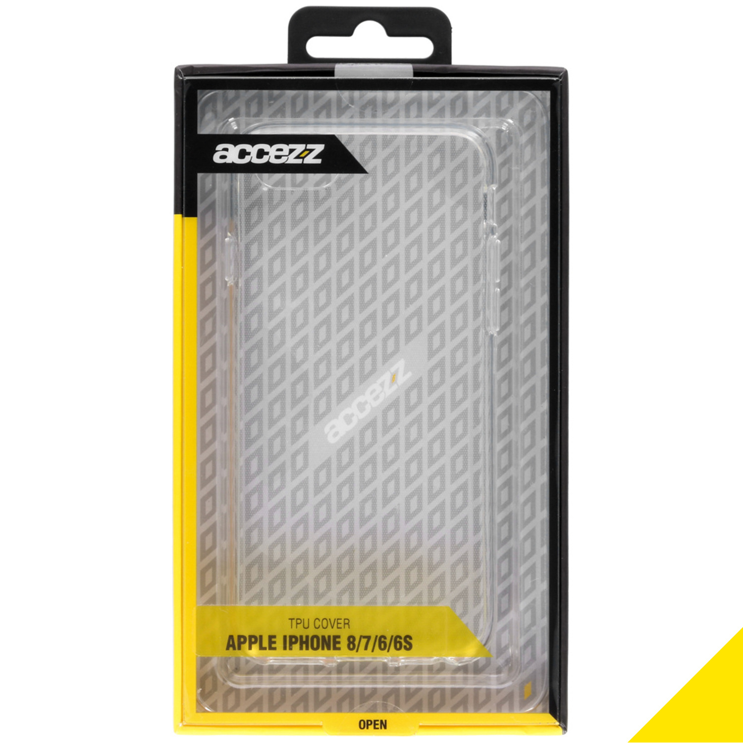 Transparante case voor Apple iPhone 8/7/6S in verpakking. Geel-zwarte doos met een doorzichtige hoes.