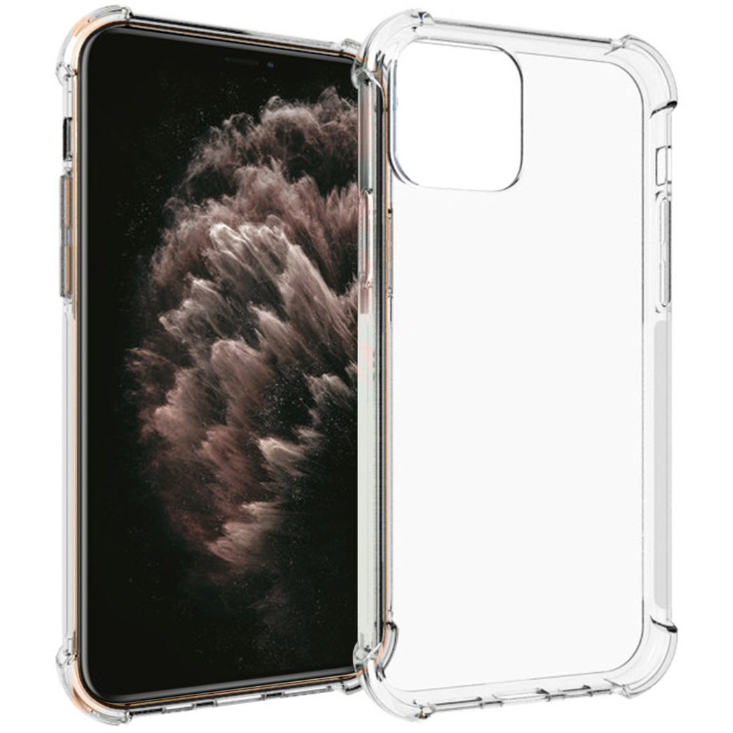Transparante telefoonhoes met een telefoon erin, de achterkant en zijknoppen tonend.