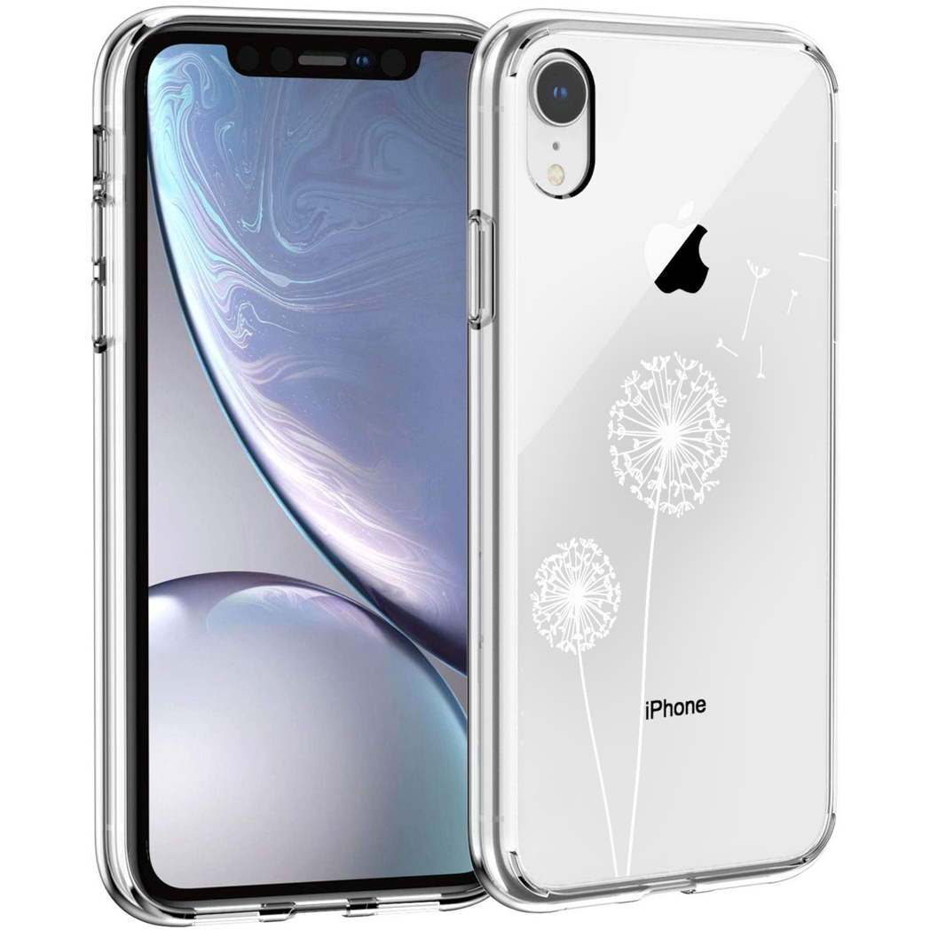 Une coque transparente pour iPhone avec des motifs de pissenlits blancs.