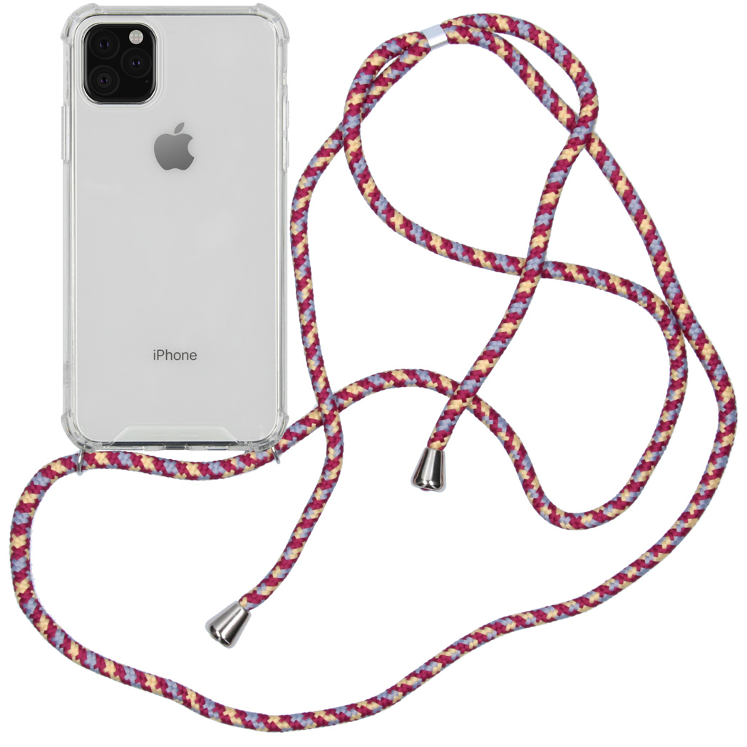 Transparante telefoonhoes met een riem. De riem is rood, paars en geel.