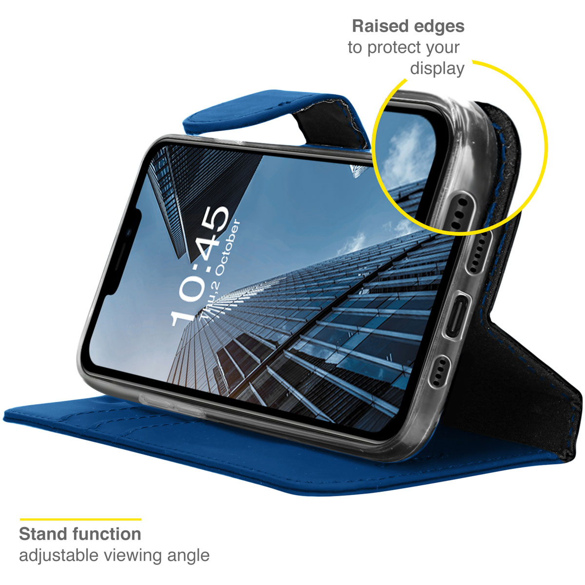 Téléphone dans un étui bleu. L'étui a une fonction de support. Montre un gratte-ciel.