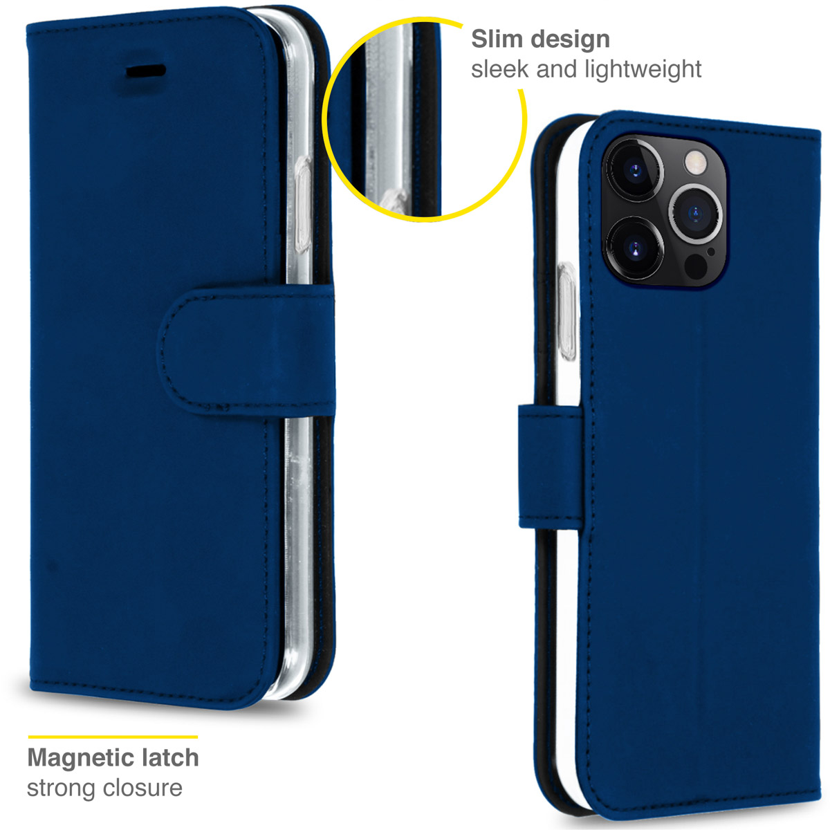 Un étui de téléphone en cuir bleu avec un fermoir magnétique, ouvert pour montrer le téléphone et les fentes pour cartes.