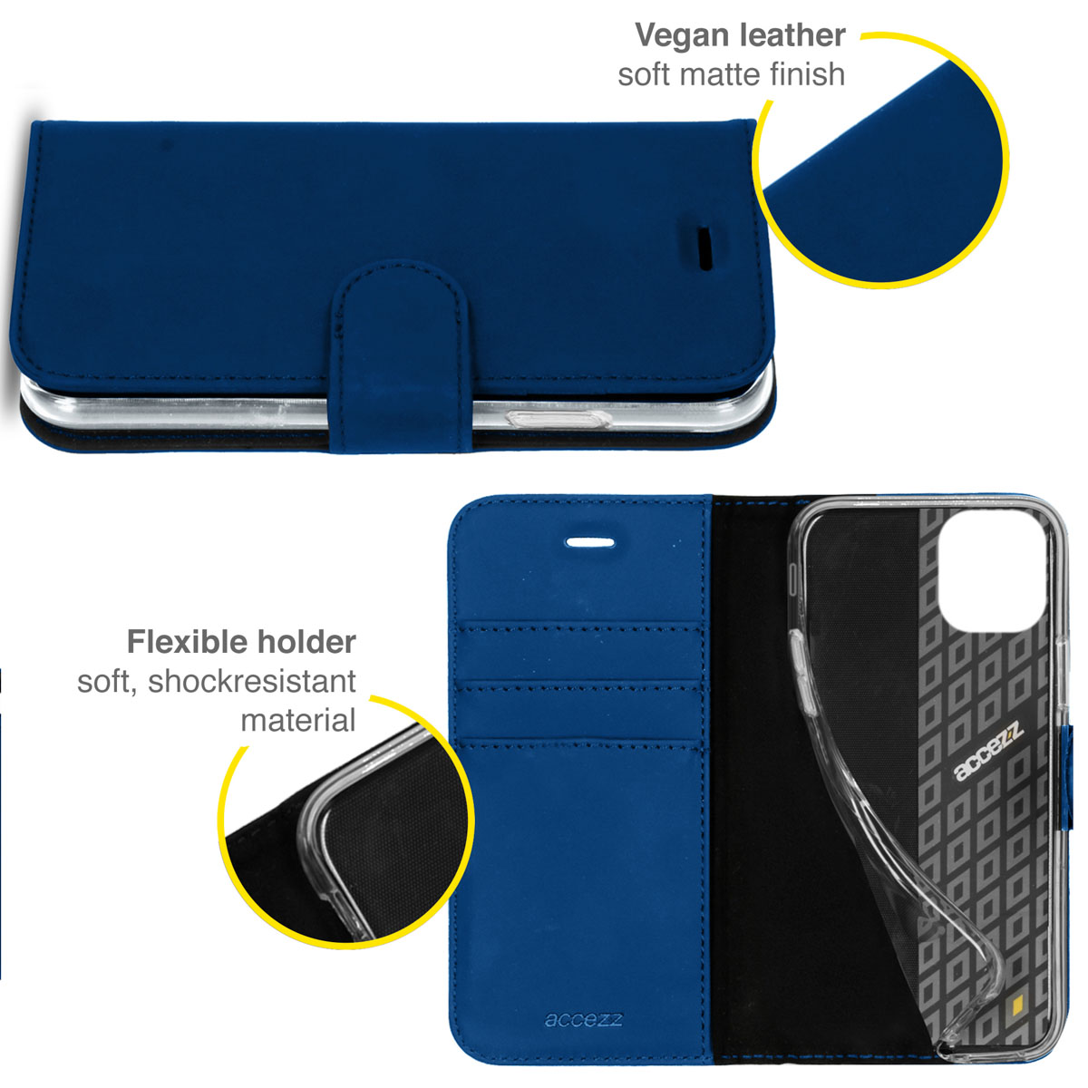 Étui de téléphone bleu, ouvert, avec un support flexible et une couverture en cuir végétalien.