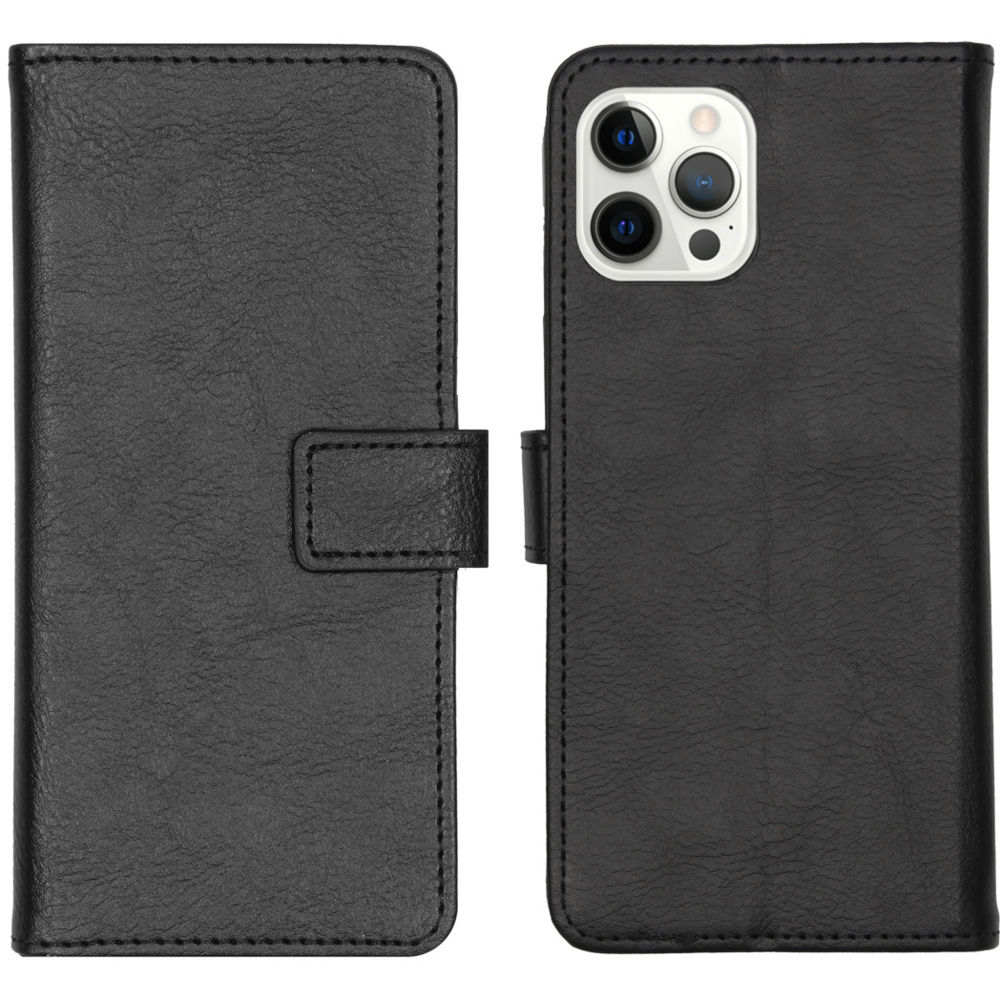 Étui de téléphone noir, ouvert et fermé. Celui fermé a un fermoir. Celui ouvert montre le téléphone.