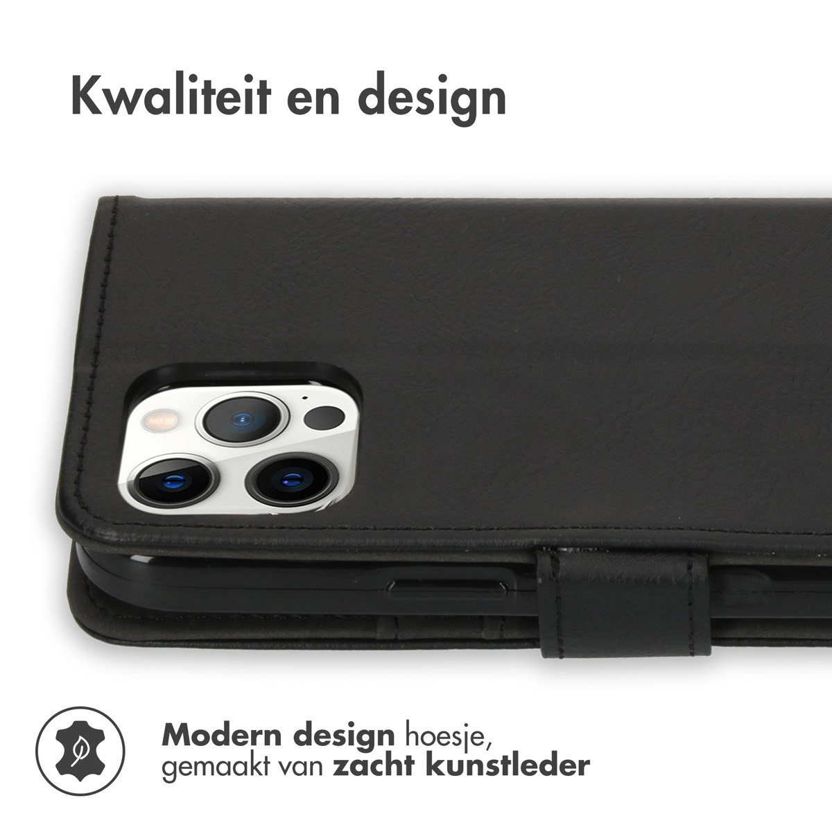 Étui de téléphone en cuir noir avec un téléphone, sur fond blanc.