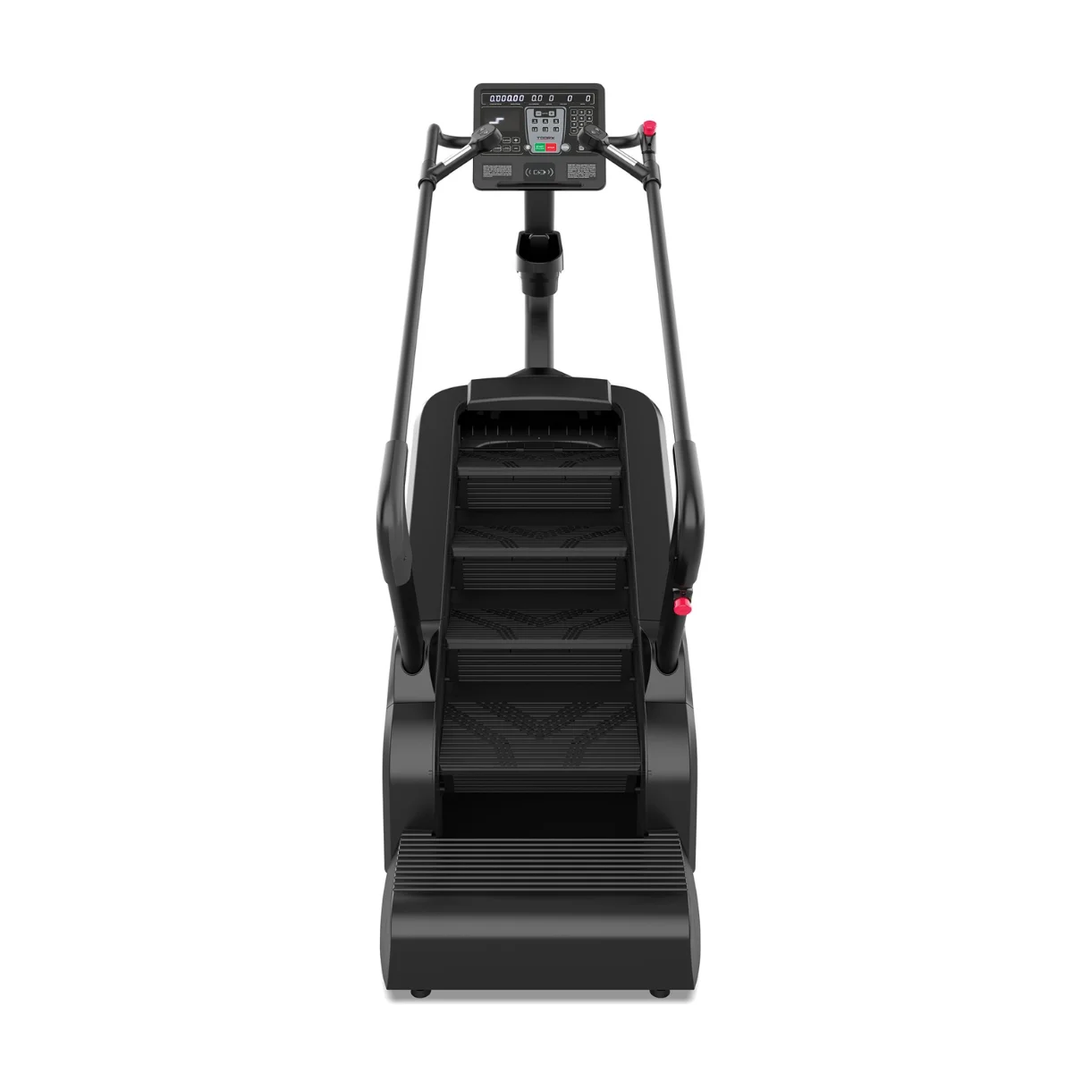 Een zwarte steptrapmachine, van bovenaf gezien, met een bedieningspaneel en handgrepen.