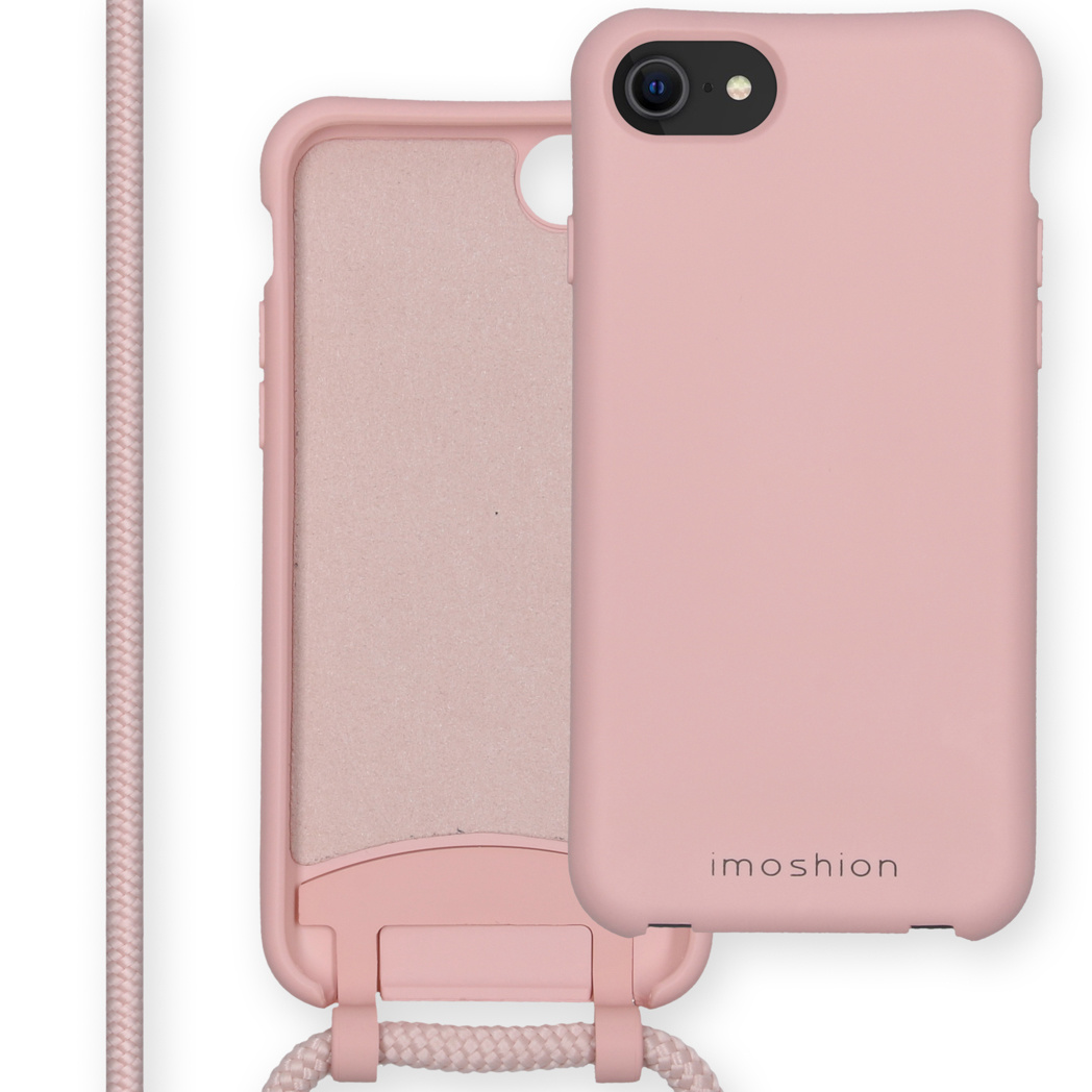 Roze telefoonhoesje en roze touw. De hoes is open en toont de binnenkant.
