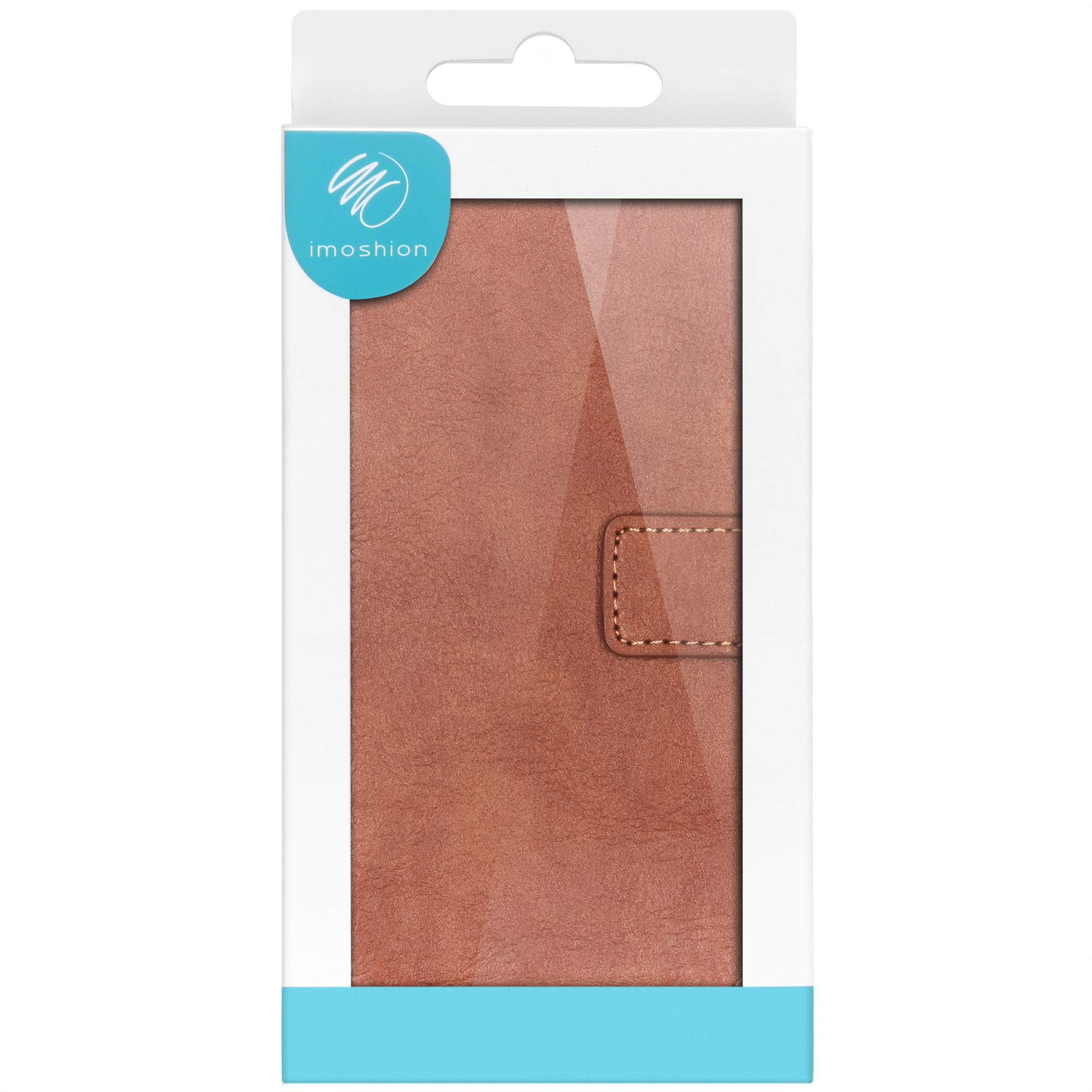 Un emballage de coque de téléphone avec une coque marron semblable à du cuir à l'intérieur, de marque 'imoshion' sur l'emballage.