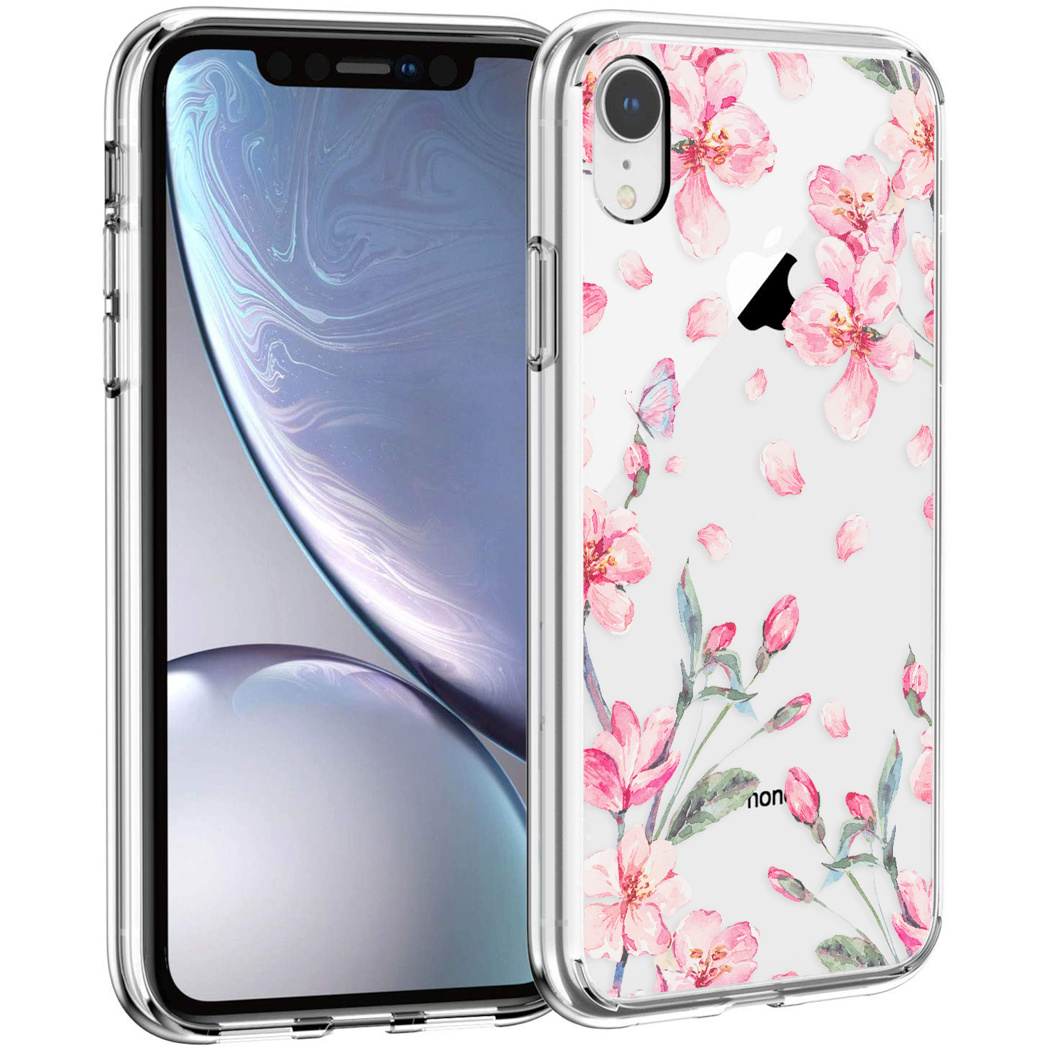Coque de téléphone transparente avec des fleurs roses. Le téléphone est dans la coque. Elle a un bord transparent.