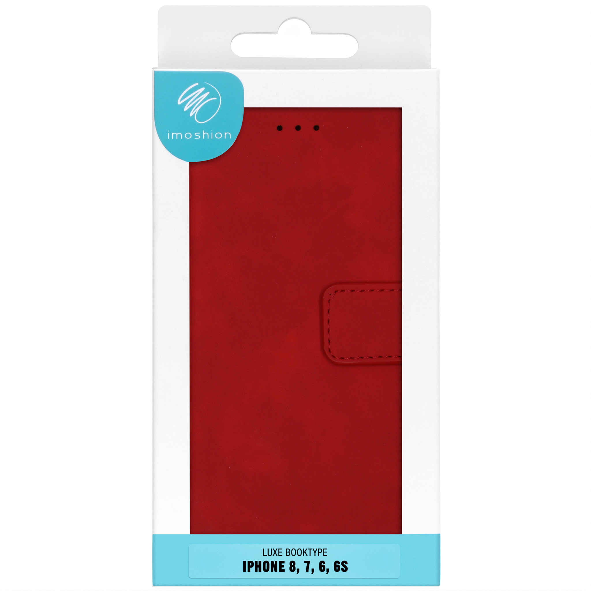 Rode iPhone-hoes in een witte doos, met het imoshion-logo en telefoonmodel.