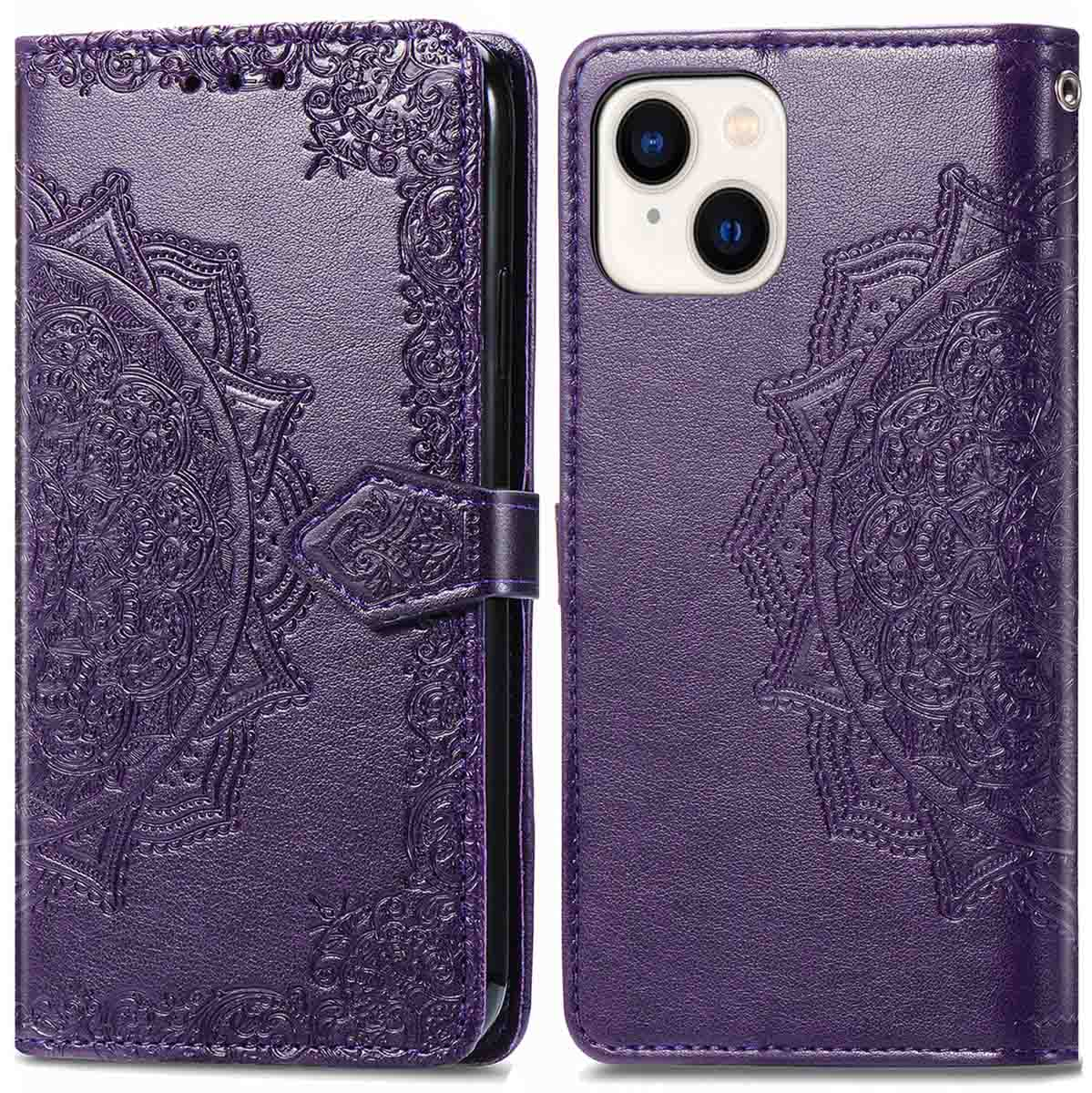 A purple phone wallet case with an embossed design. The case is open showing the phone.