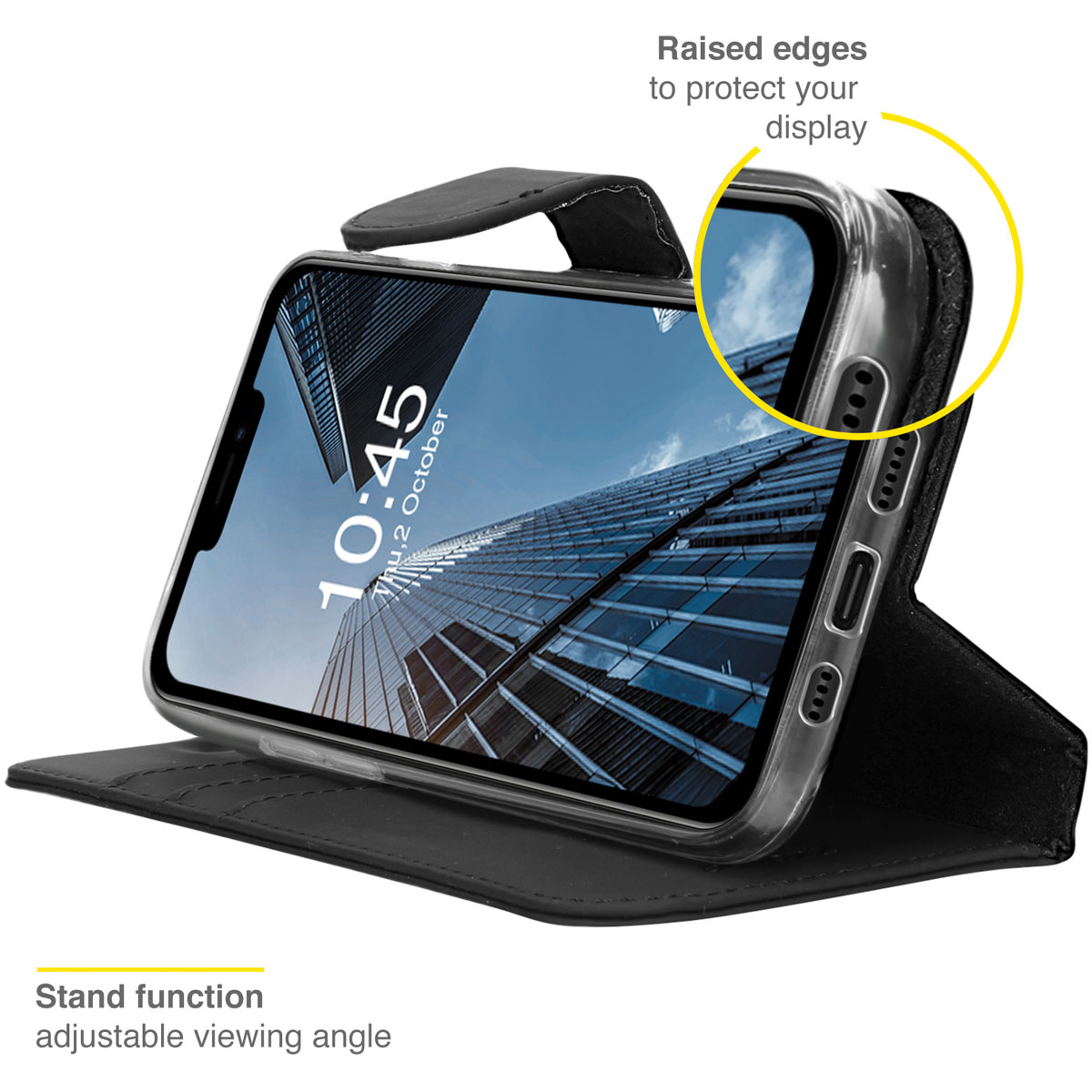 Un téléphone à l'intérieur d'un étui noir ouvert, montrant l'écran avec un paysage urbain.