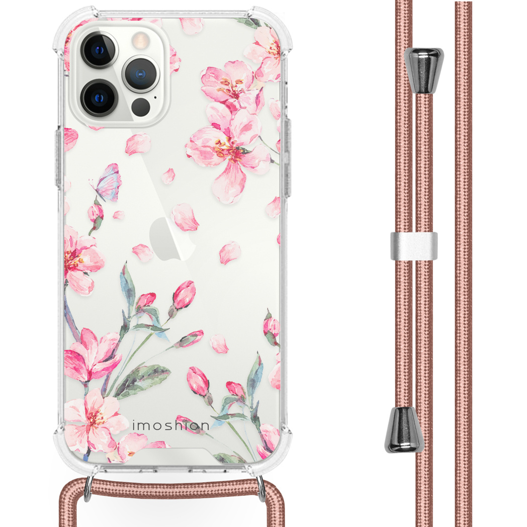 Een doorzichtig telefoonhoesje met roze bloemen- en vlinderpatronen, bevestigd aan een koord.