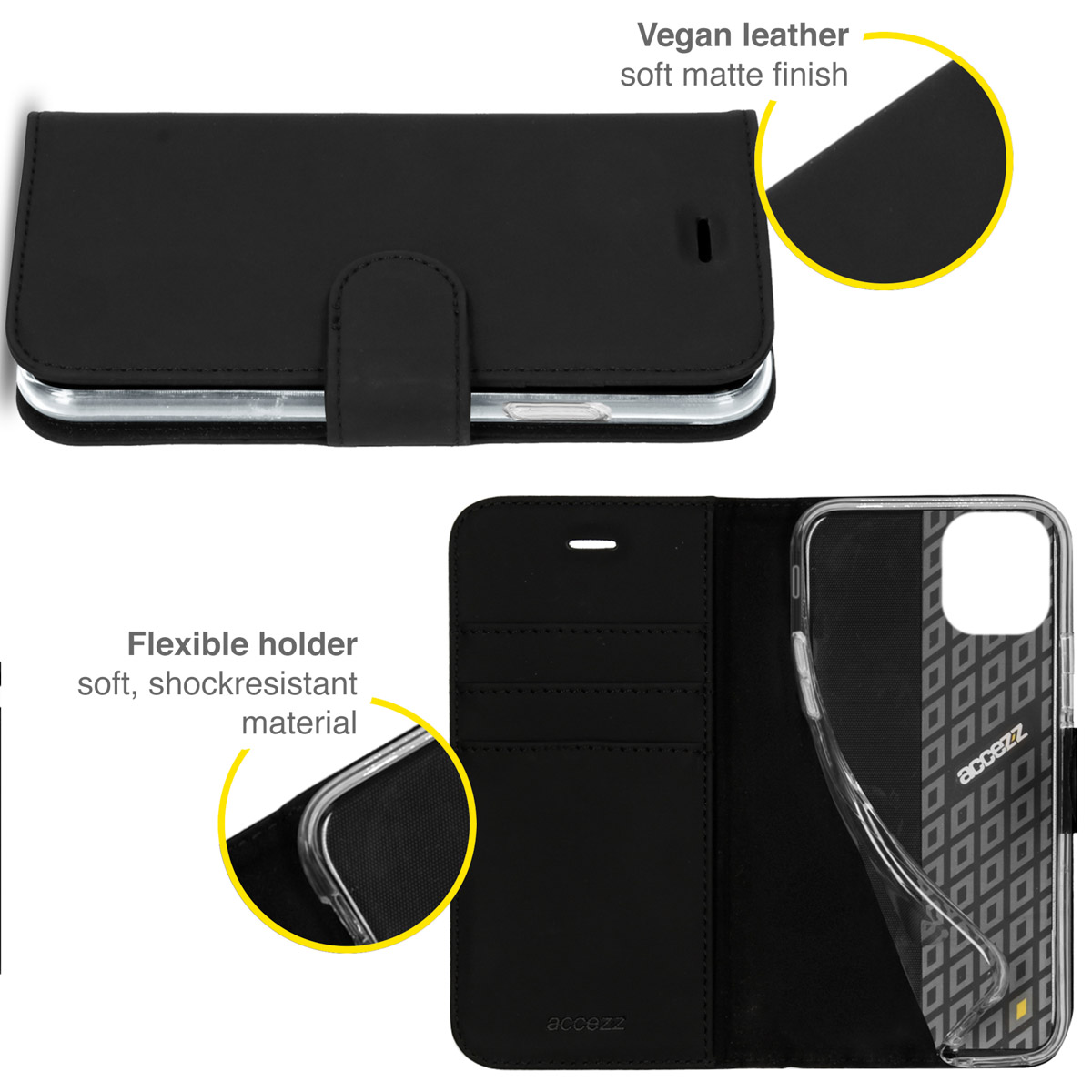 Coque de téléphone noire avec un design portefeuille. Elle est en cuir végétalien et possède un support flexible.