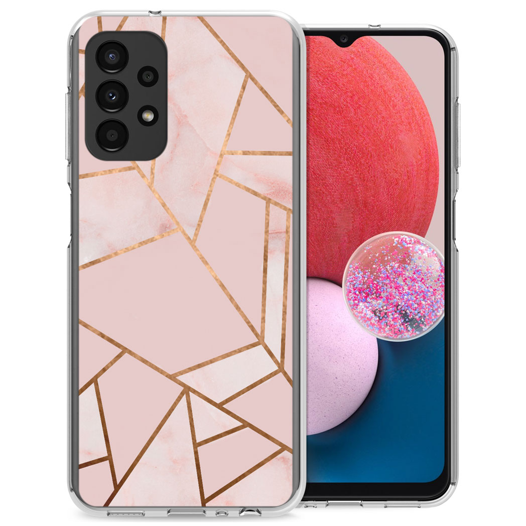 Telefoonhoesje met roze, wit en goud geometrisch ontwerp met een telefoon.