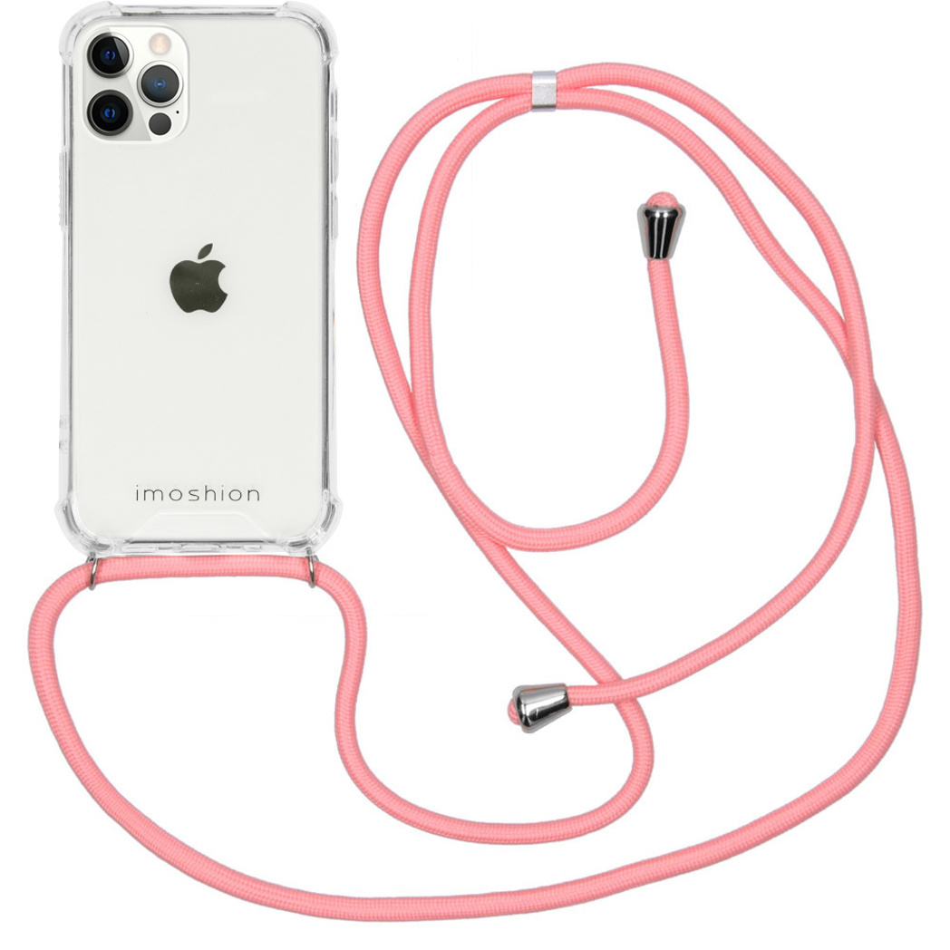 iPhone in een doorzichtige hoes met een roze koord. Het koord heeft zilveren accenten.