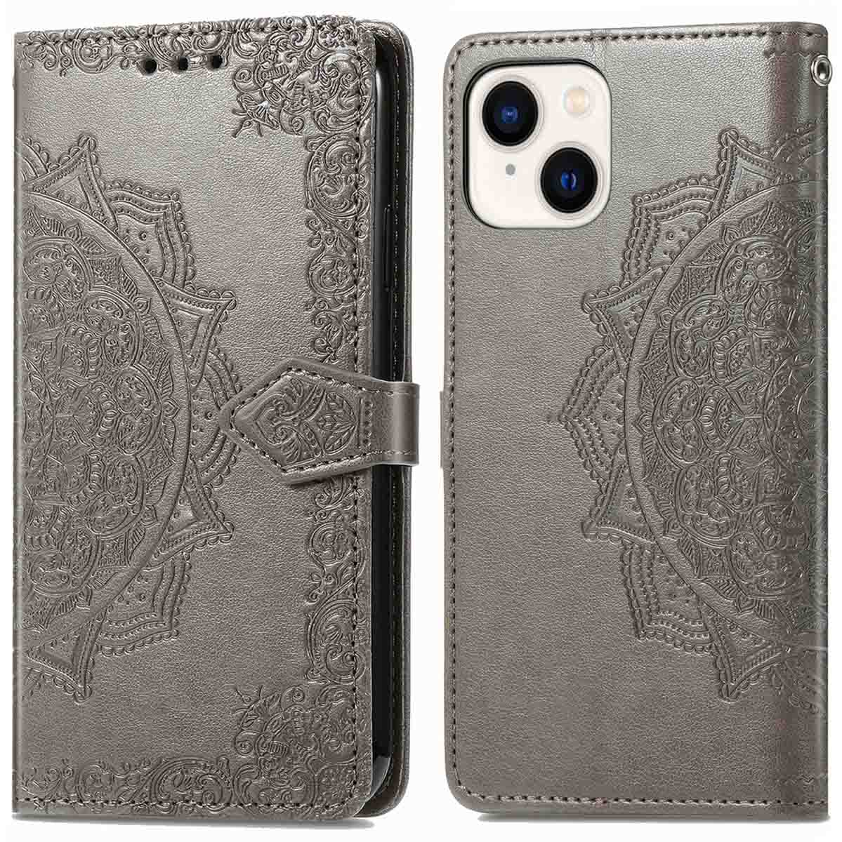 A grey phone case with a floral pattern. It is covering a phone.