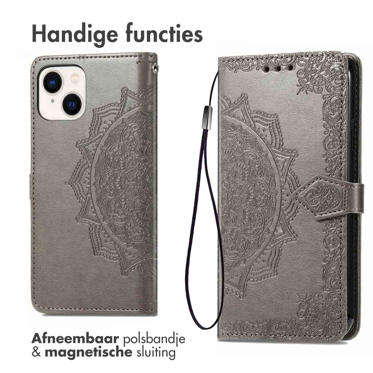 Phone case in gray, open and closed. The case has a mandala design. Text: Detachable wrist strap & magnetic closure.