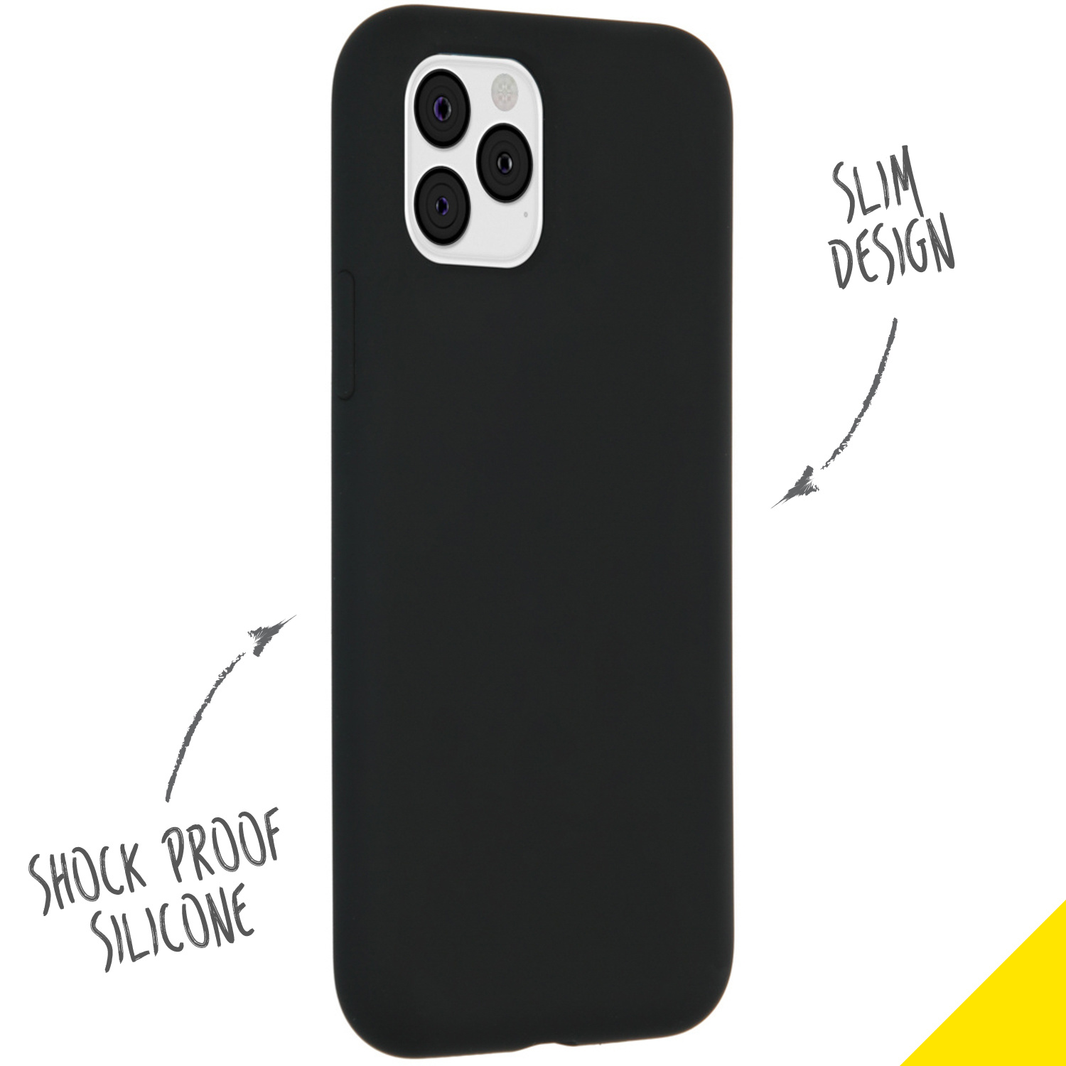 Coque de téléphone noire avec découpe caméra, étiquetée 'Slim Design' et 'Shock Proof Silicone'.