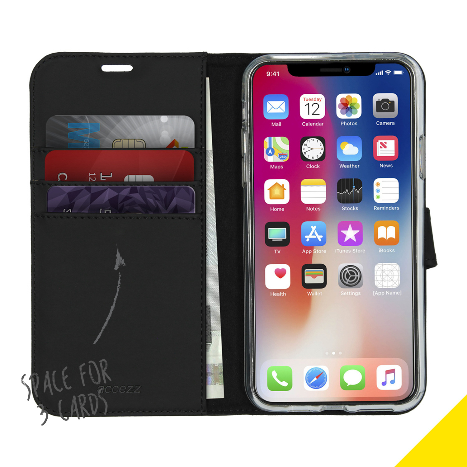 Un étui portefeuille noir pour téléphone avec cartes de crédit et un téléphone. Il y a de la place pour 3 cartes.