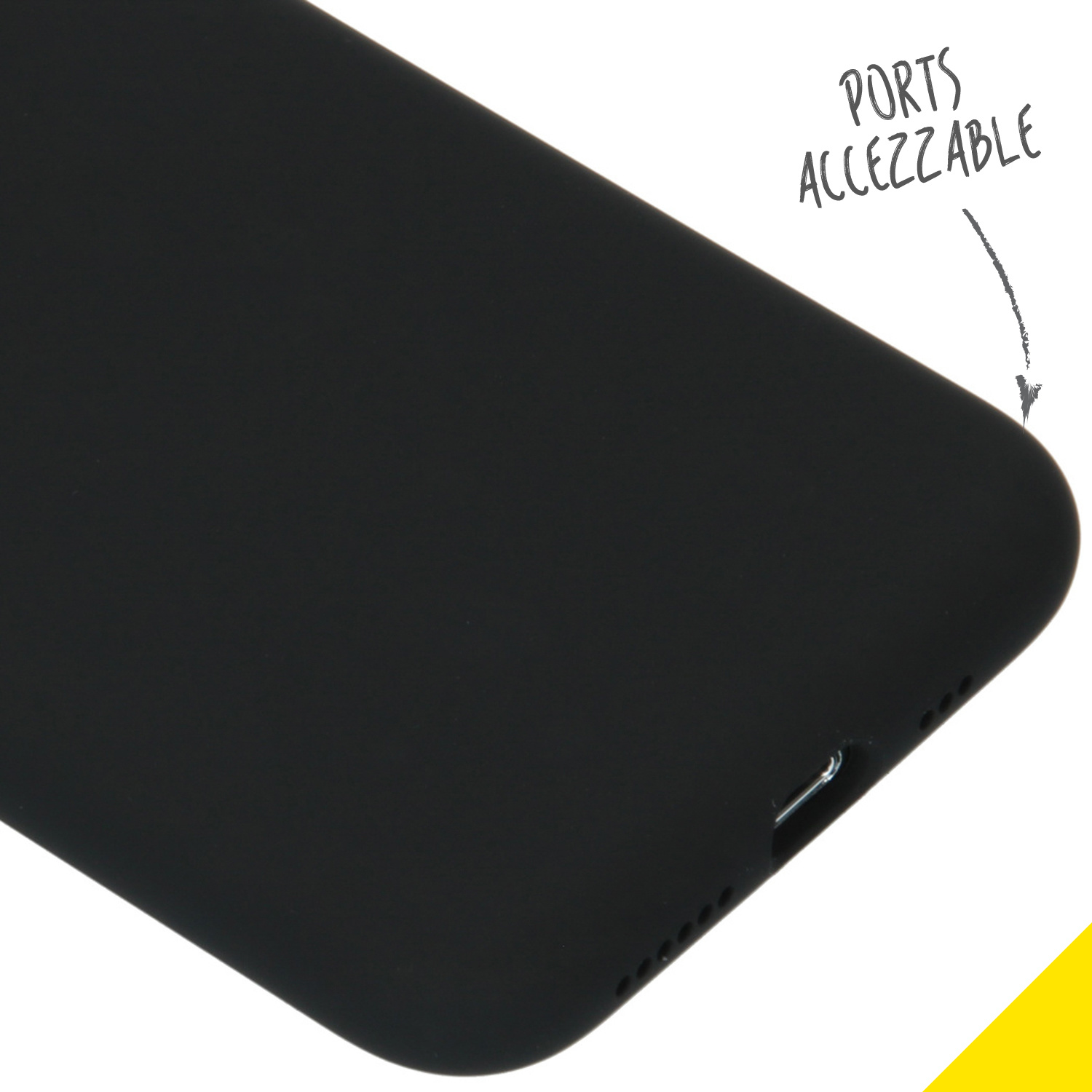 Gros plan d'une coque de téléphone noire. La coque a une découpe de port avec les mots 'ports accessibles'.